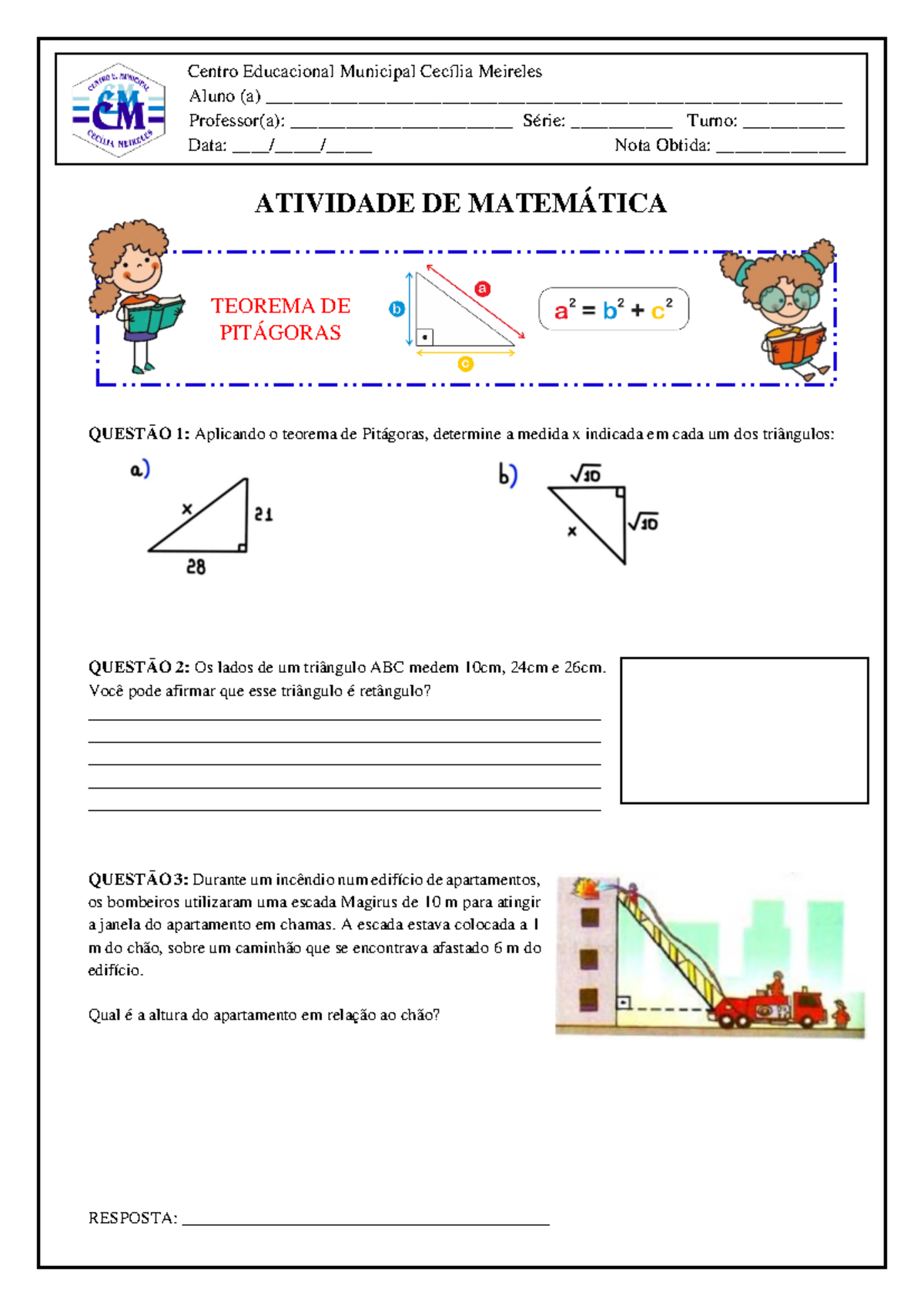 Teorema De Pitagoras Atividades