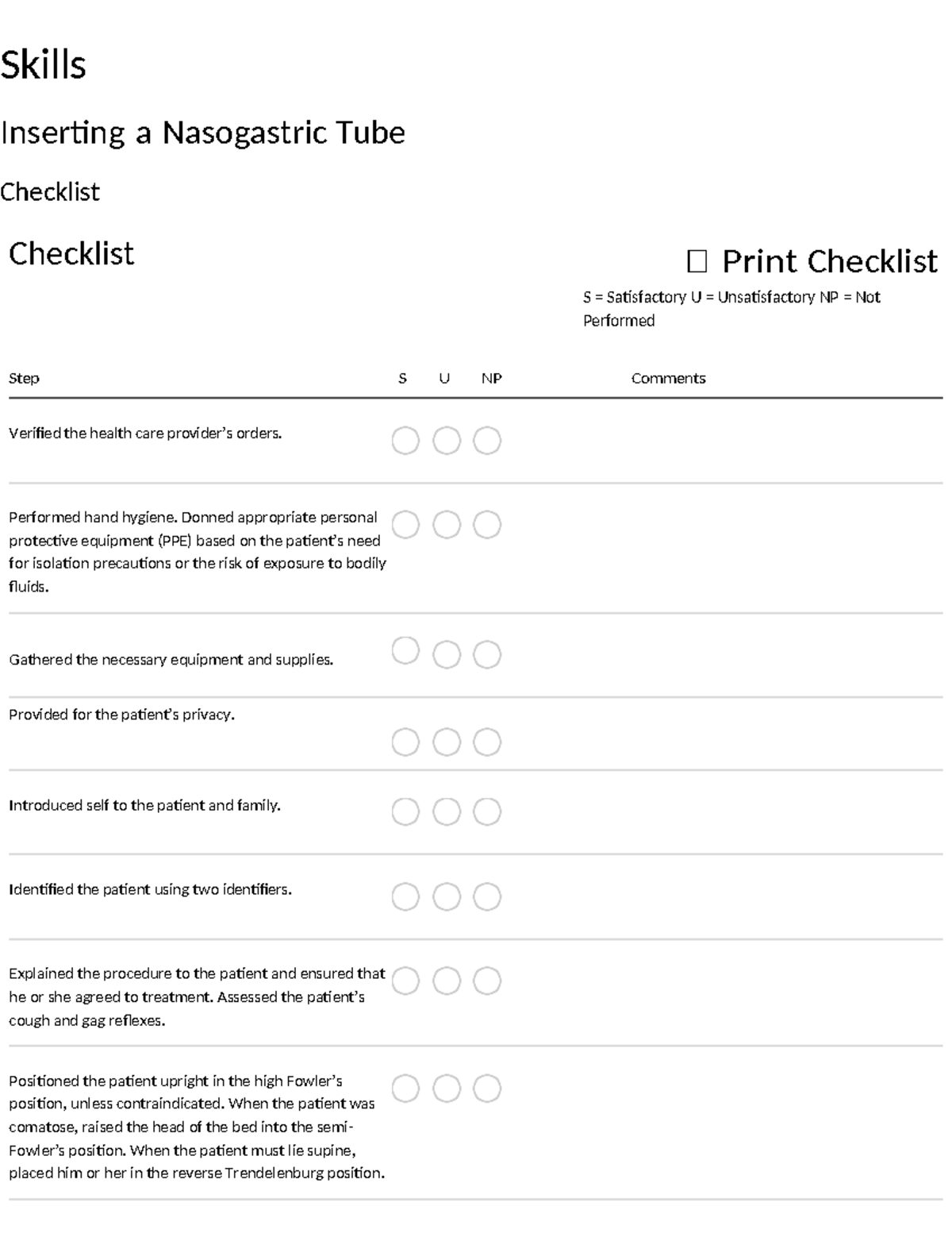 NG Tube Insertion Skills Checklist (Fall 2025) - Studocu