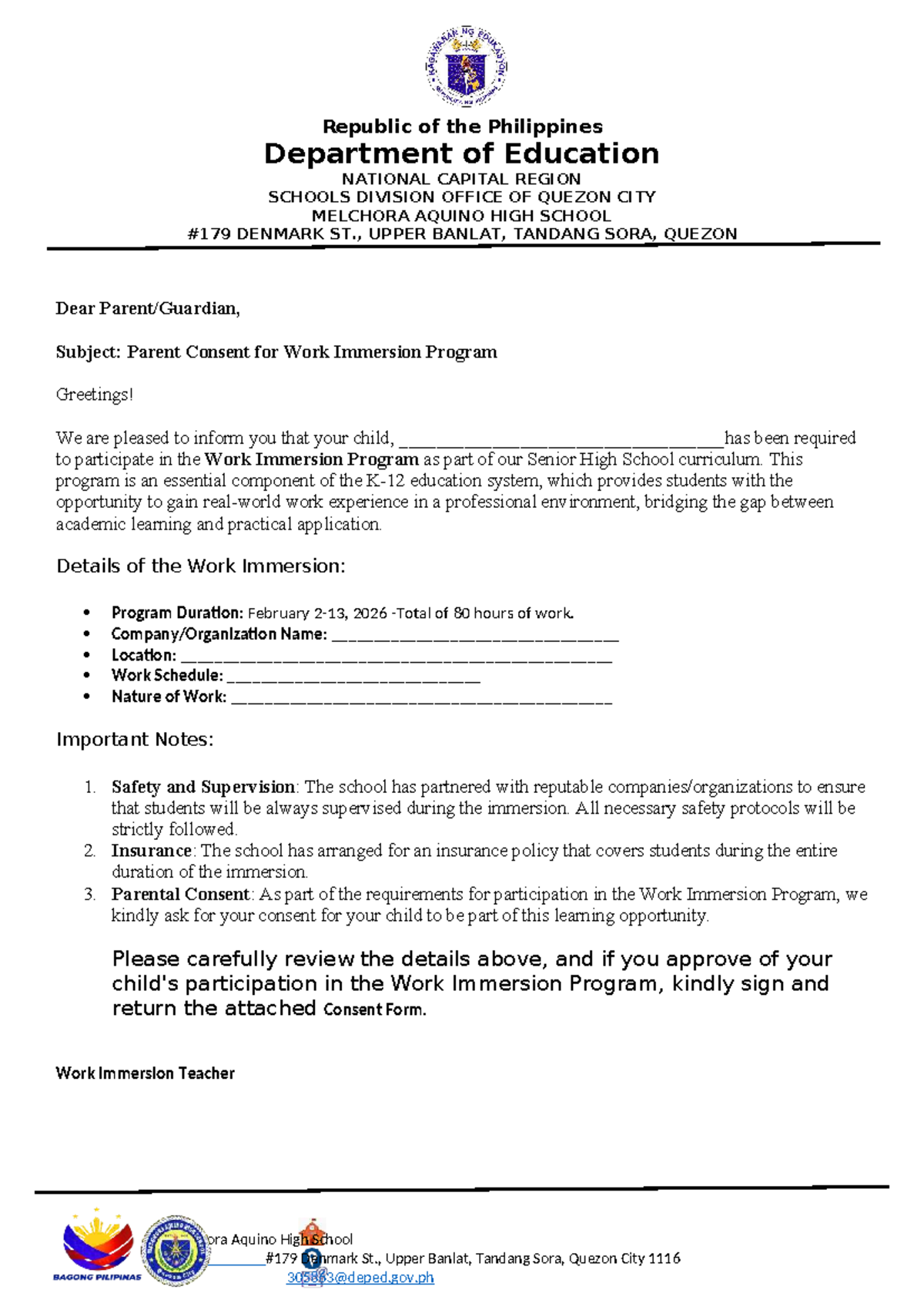 Work Immersion Program Consent Form - Melchora Aquino HS - Studocu