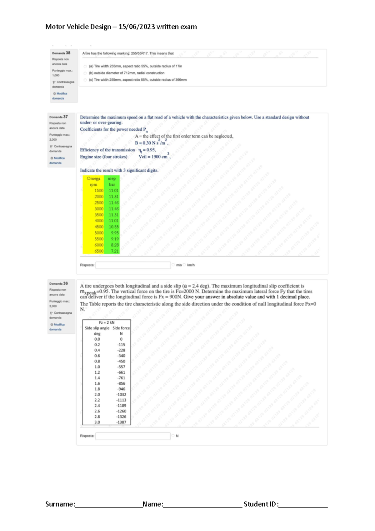 MVD exam - example - esempio esame - Motor vehicle design - Studocu
