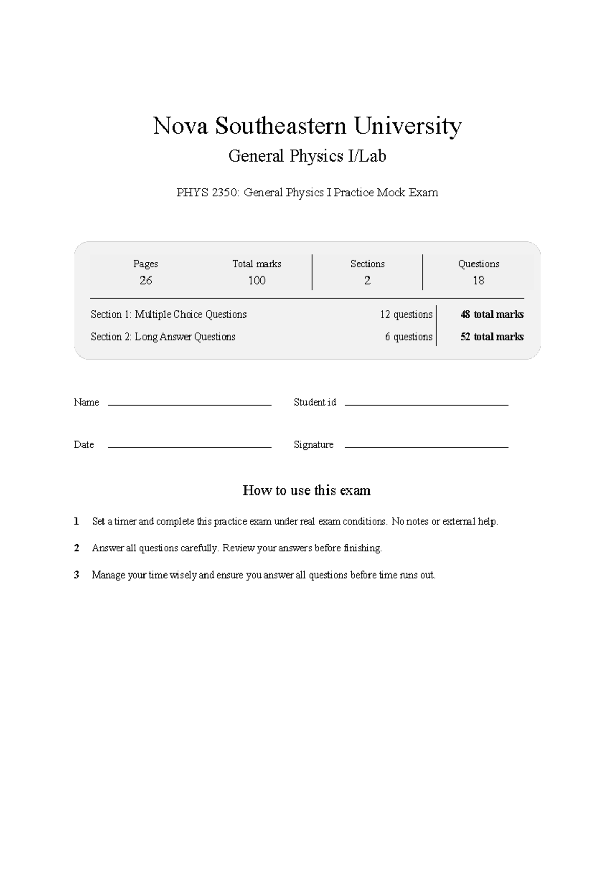 PHYS 2350 General Physics I Practice Mock Exam 2026 - Studocu