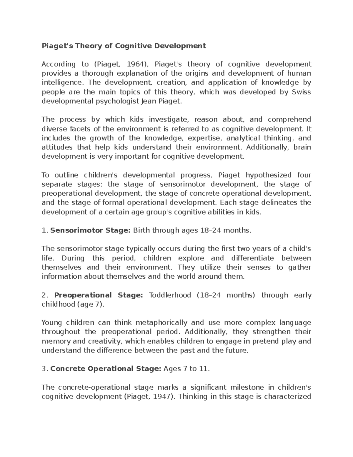 PSY101: Piaget's Theory of Cognitive Development Overview and Stages ...