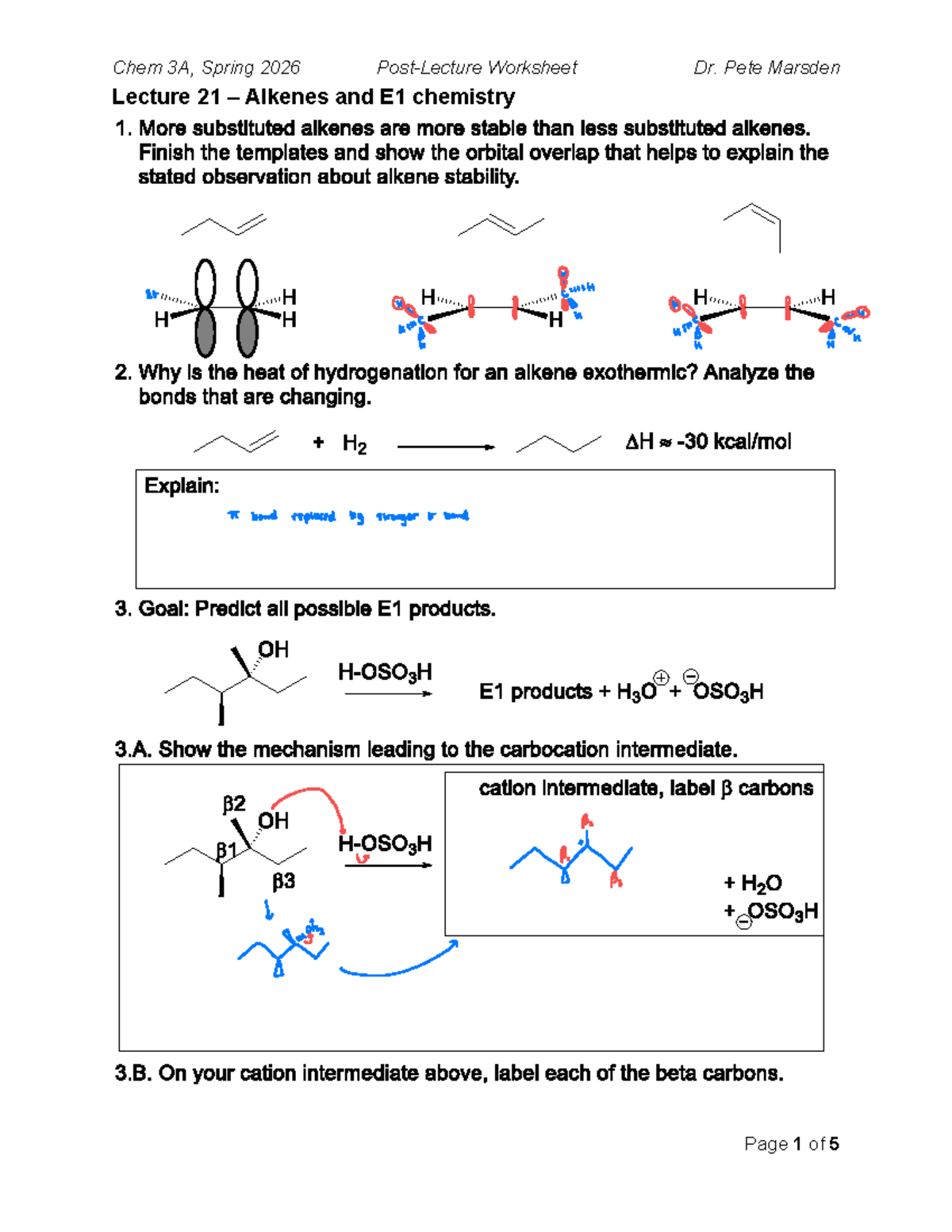 Chem 3A, Spring 2026 Lecture 21 Worksheet: Alkenes & E1 Chemistry - Studocu