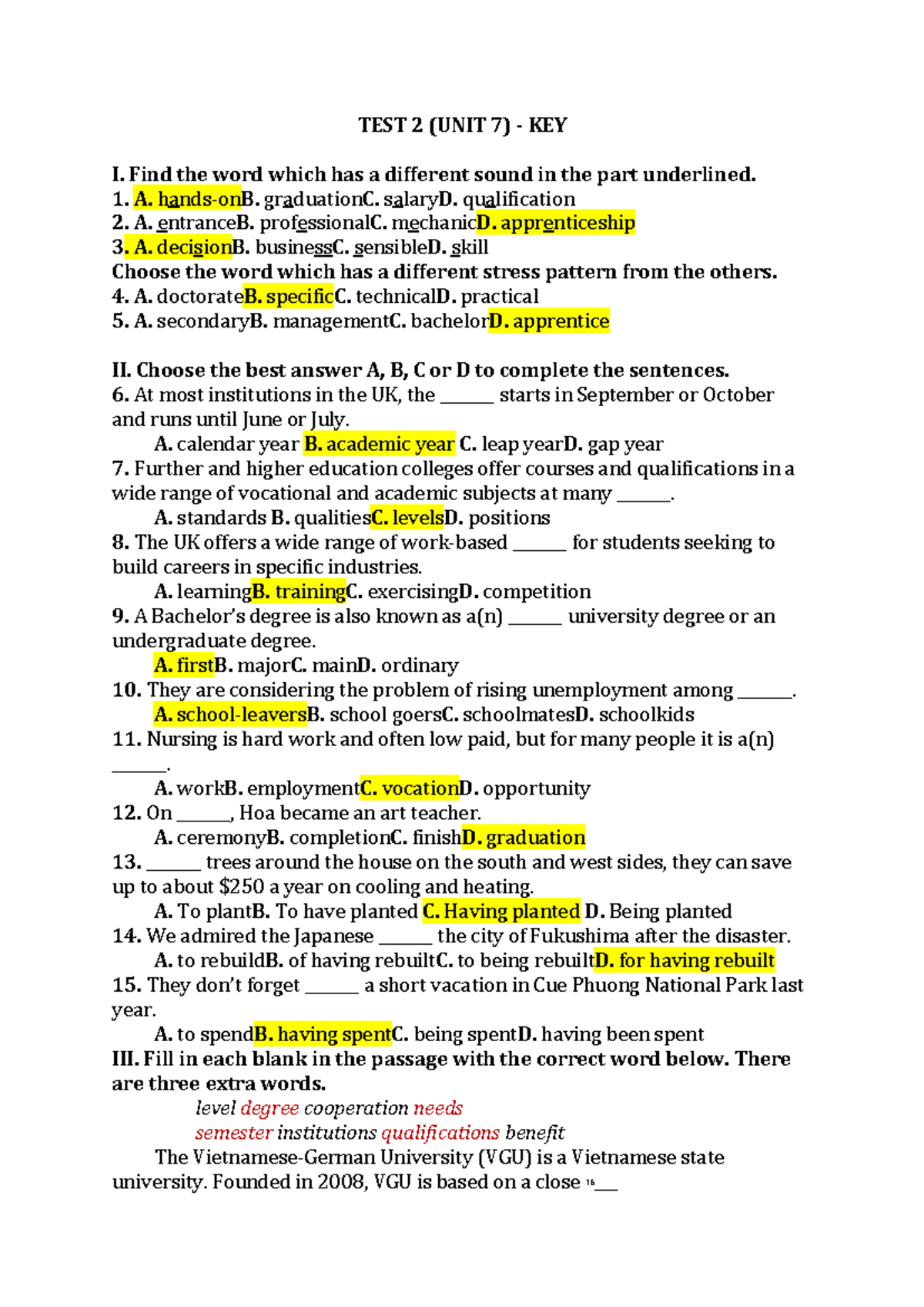 Unit 7 Test 2 Key - ANH 11 - Studocu