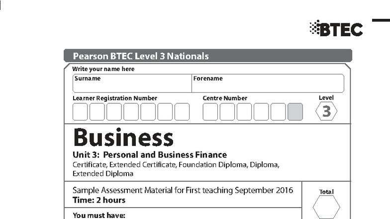 BTEC Level 3 Business Unit 3: Personal & Business Finance Sample Exam ...