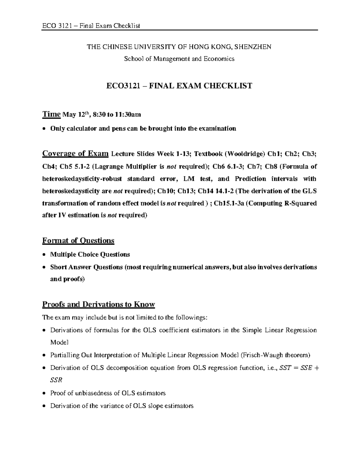 ECO3121 Final Exam Checklist and Coverage Guide - Studocu