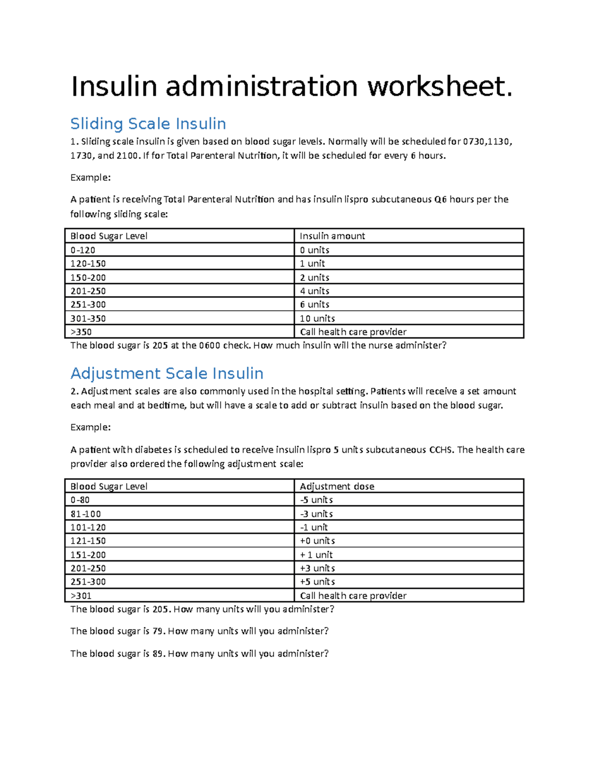 Insulin Administration Worksheet: Sliding Scale & Carbohydrate Counting -  Studocu