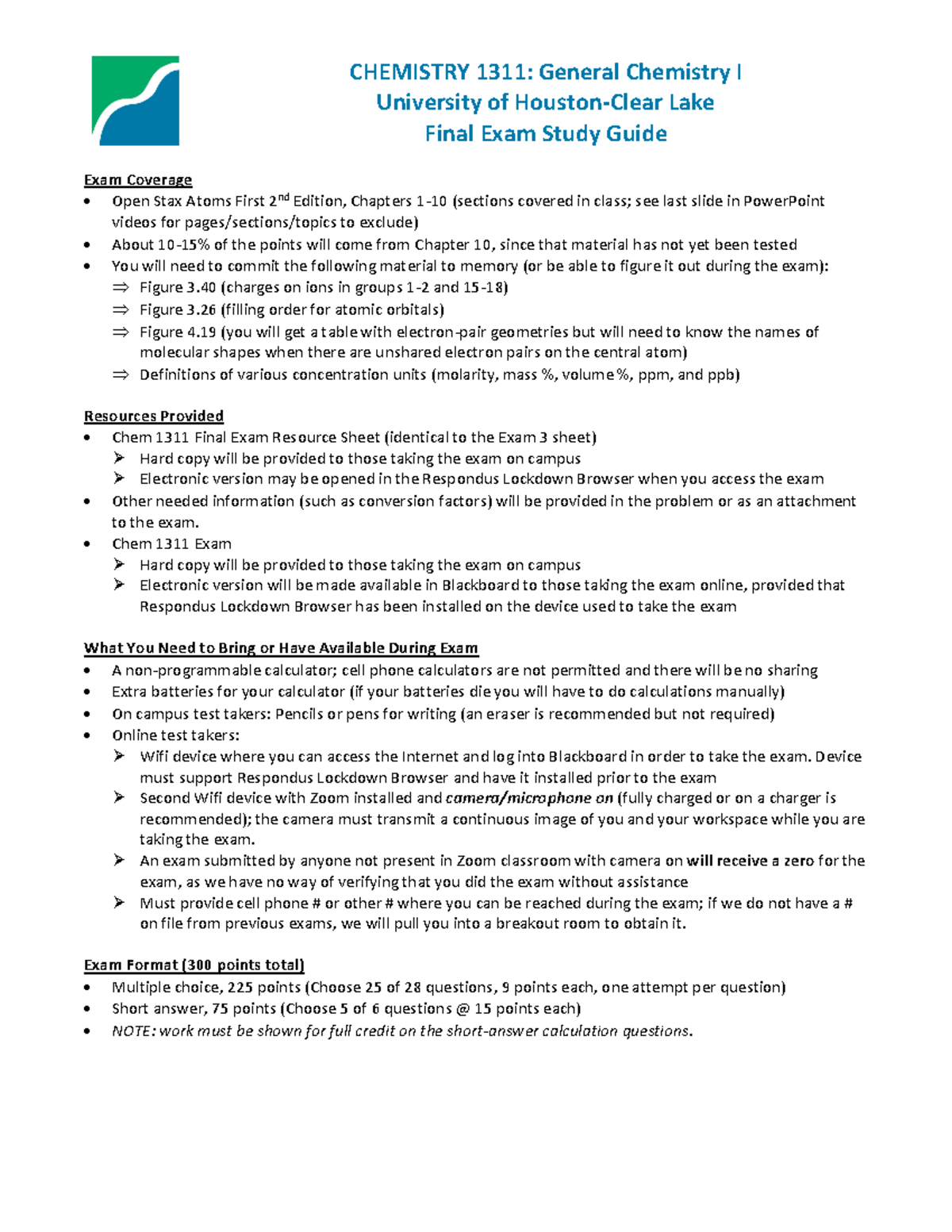 Chemistry 1311 Final Exam Study Guide: Key Concepts & Sample Qs - Studocu