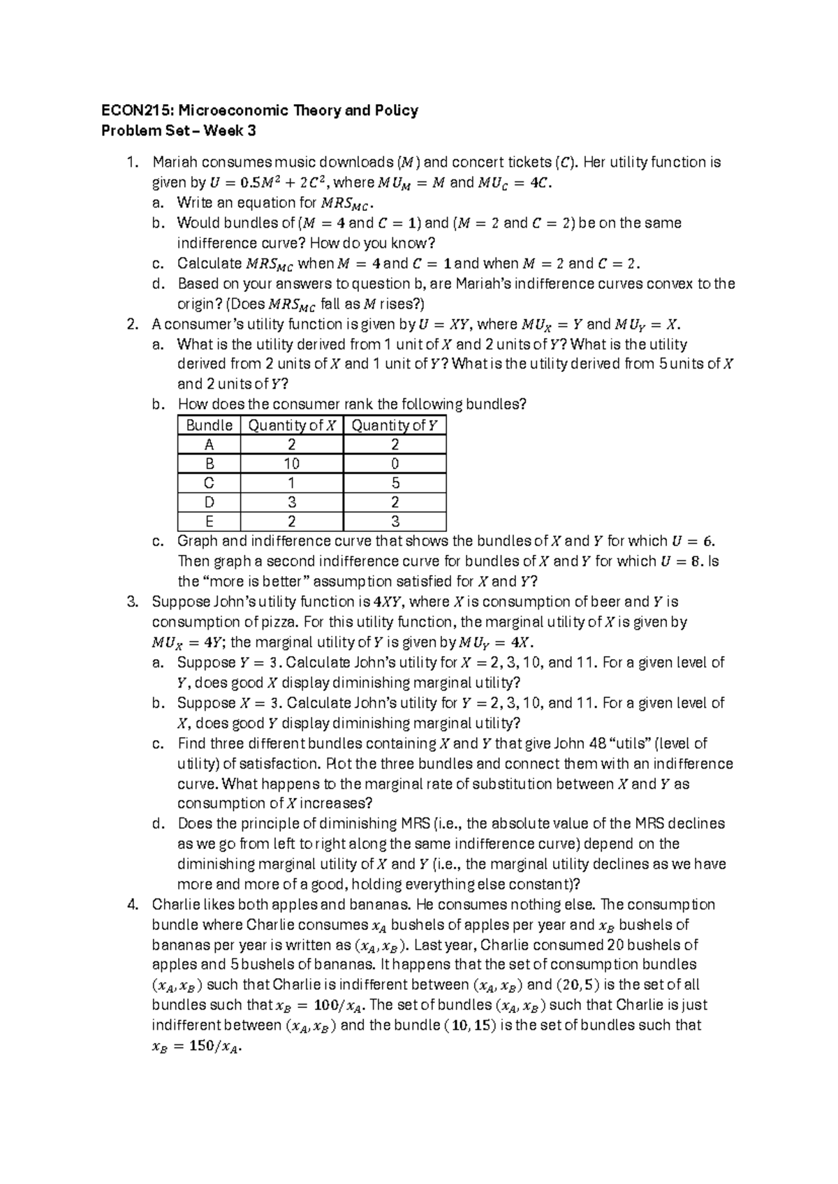 ECON215: Microeconomic Theory Problem Set for Week 3 Analysis - Studocu