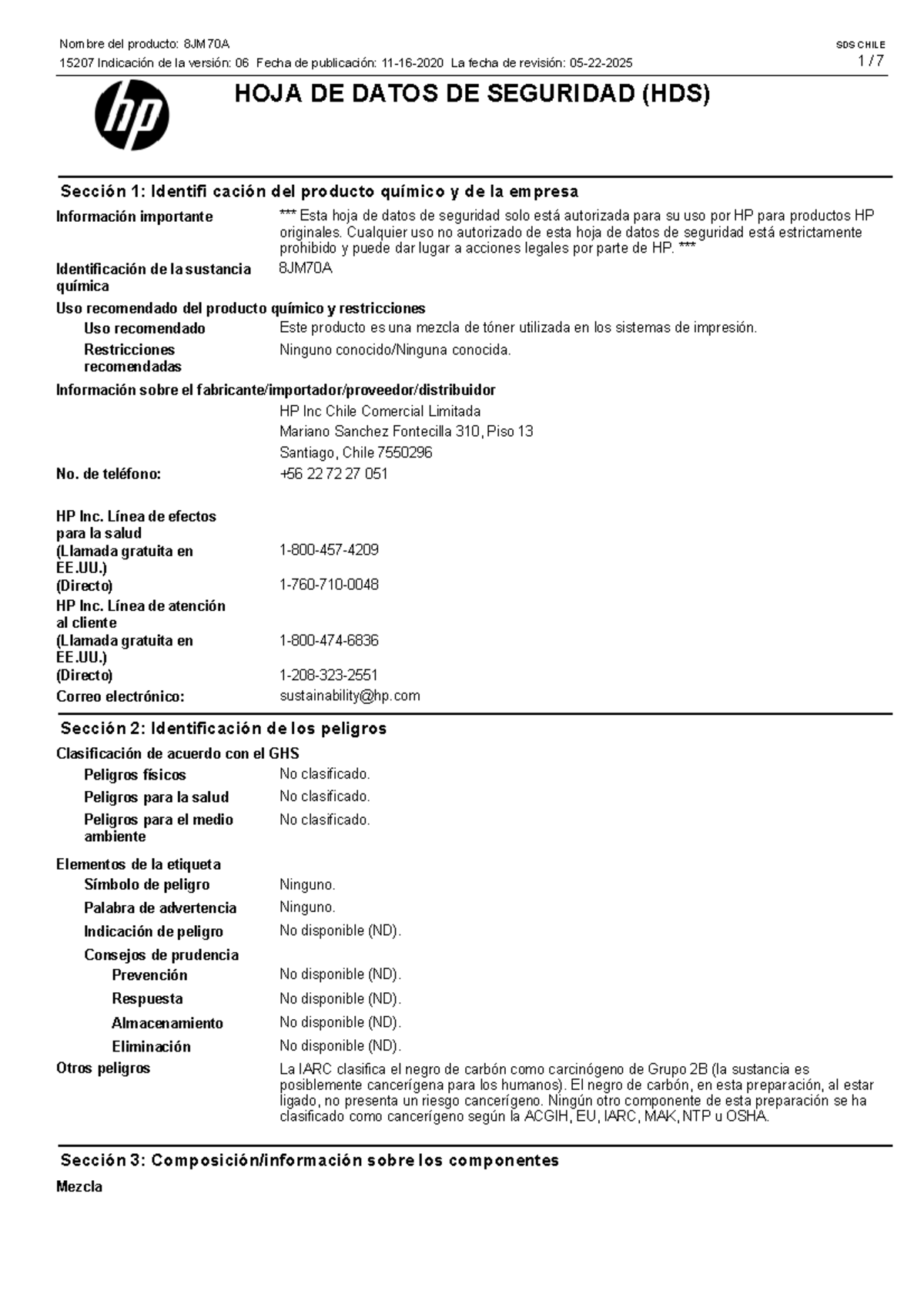 SDS CHILE: Ficha de Seguridad del Tóner 8JM70A 15207 - Studocu