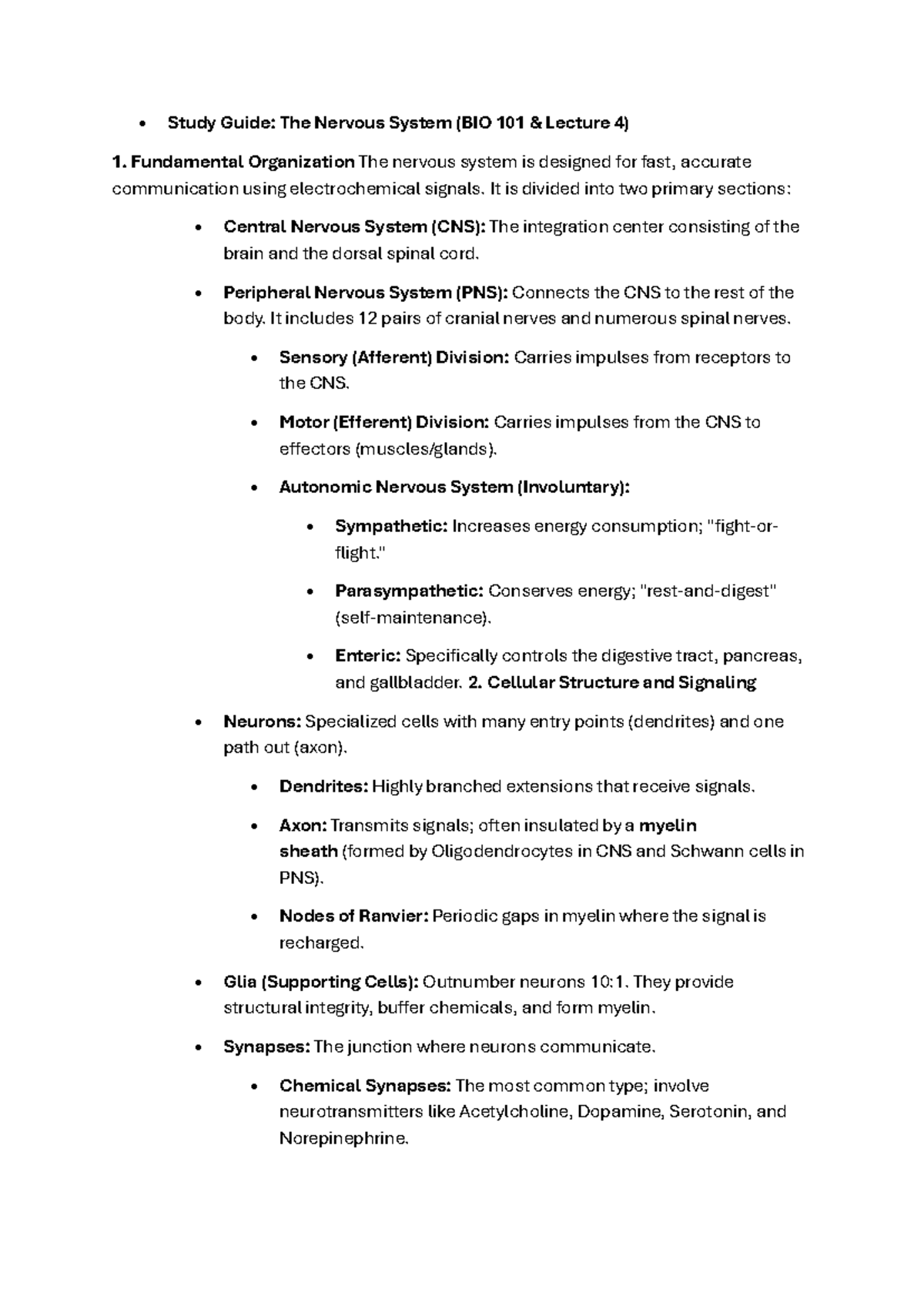 Study Guide: The Nervous System (BIO 101 & Lecture 4) - Studocu