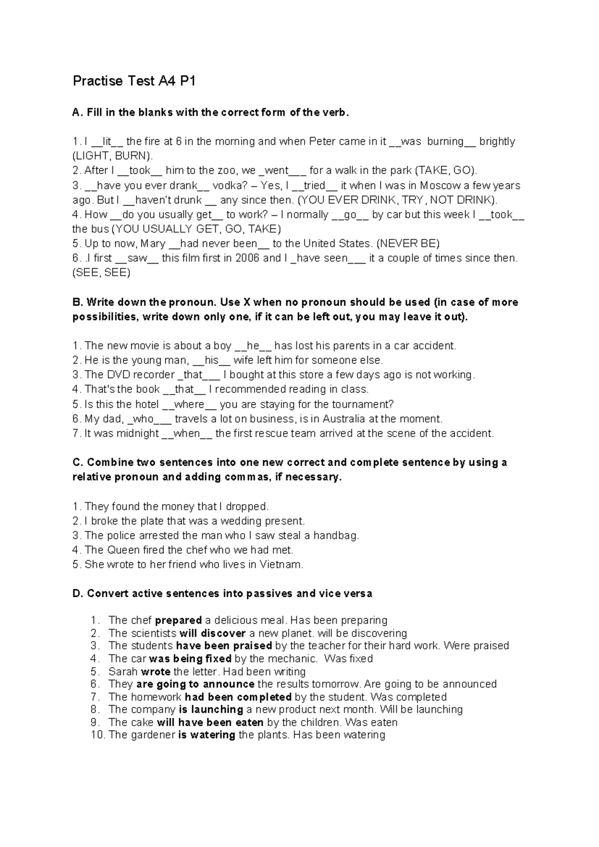 Practice Test A4 P1 - Verb Forms and Sentence Structure Exercises ...