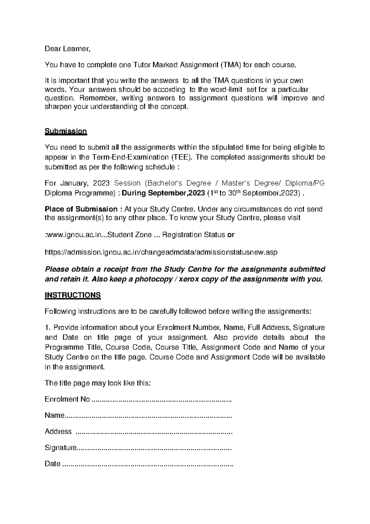Assignment Related Guidelines for Learners for the December 2023 TEE ...