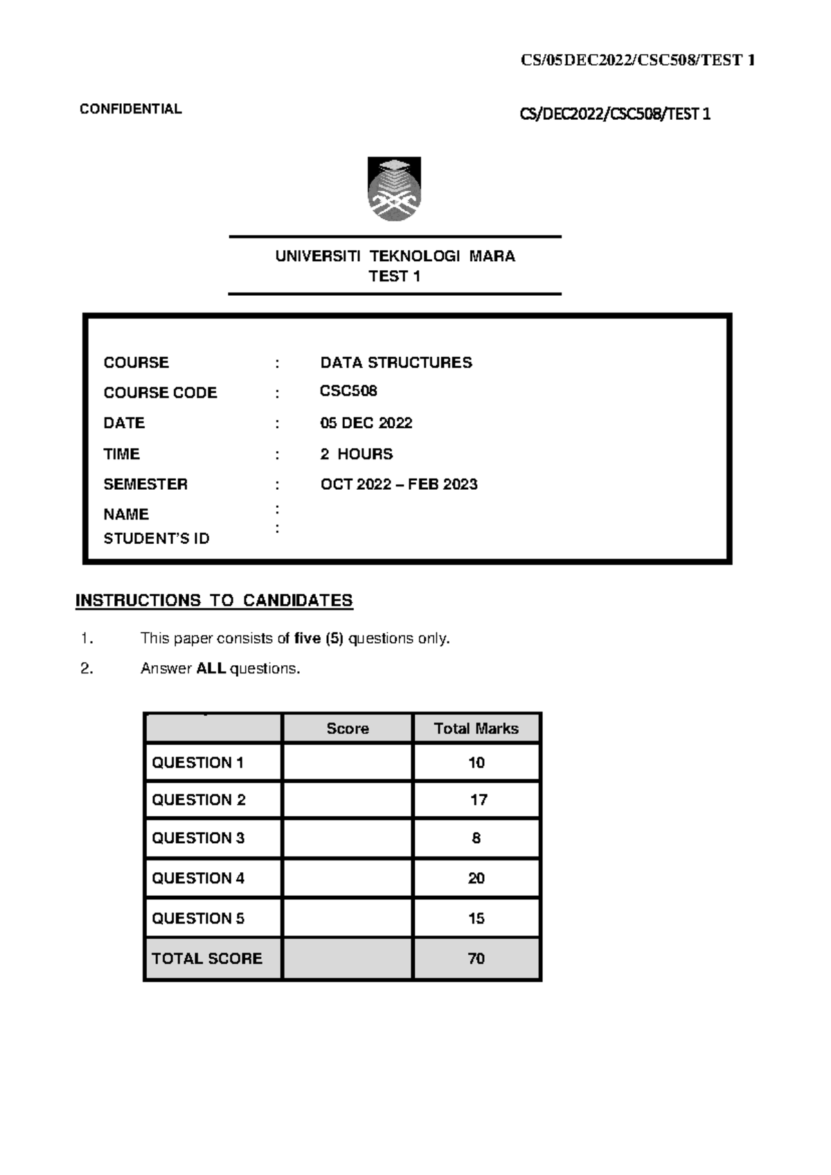 CSC508 Test 1 Questions and Solutions - Data Structures 2022 - Studocu
