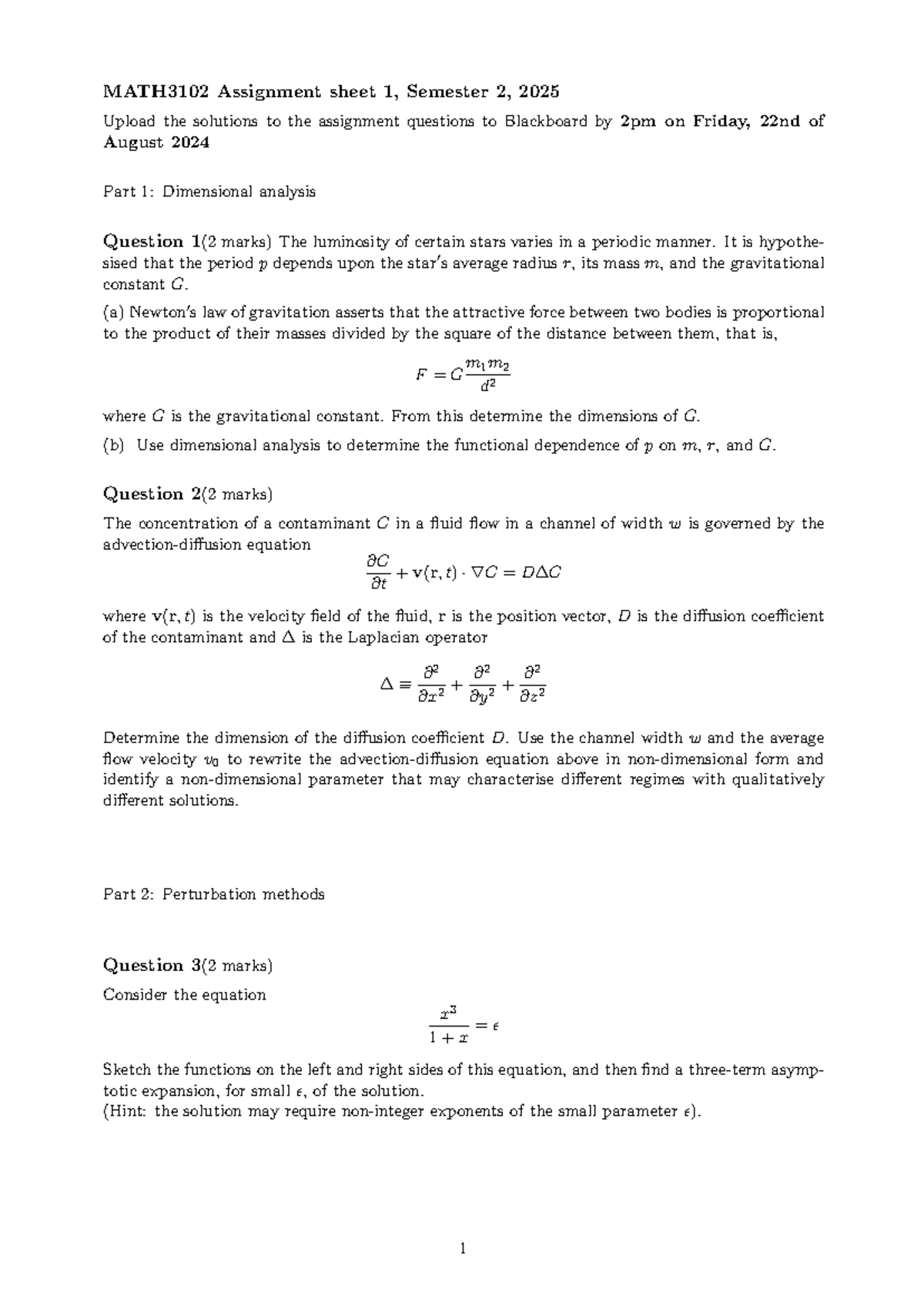 MATH3102 Assignment 1 Solutions - Dimensional Analysis & Perturbation ...