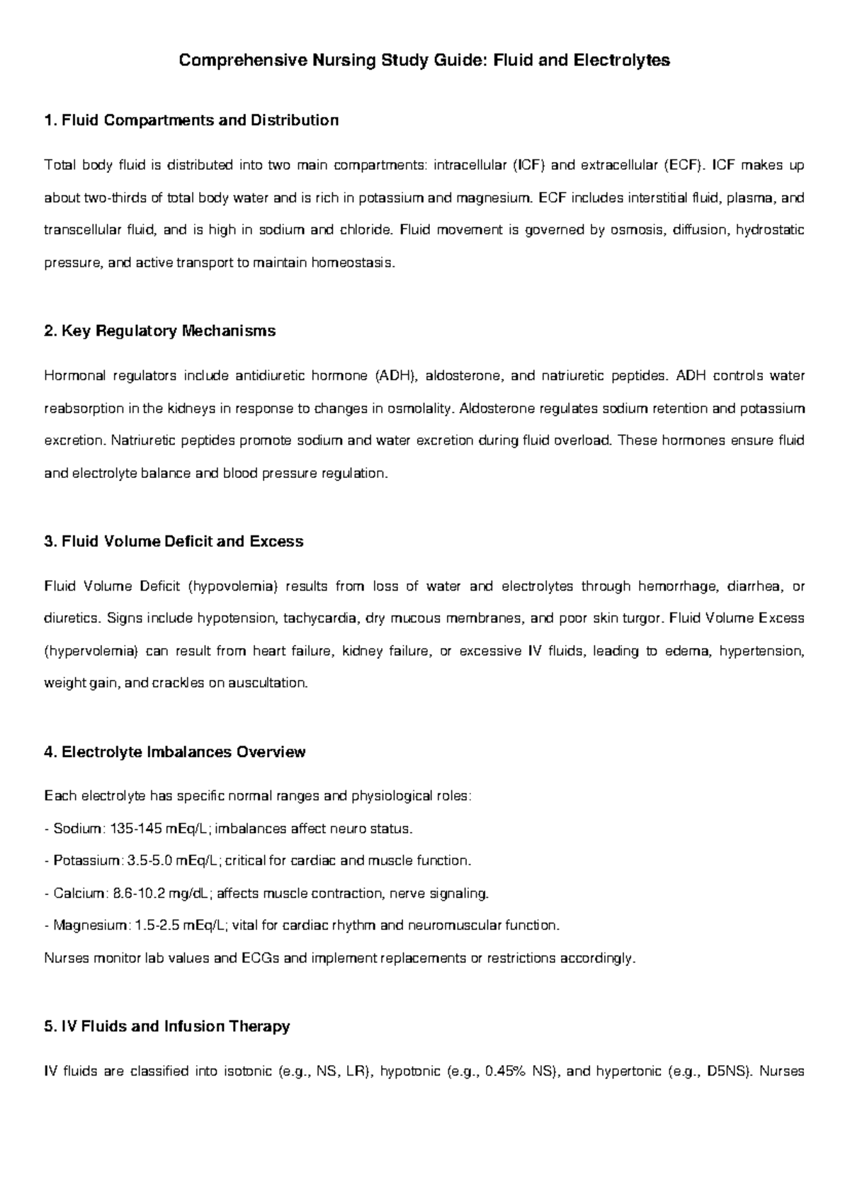 NUR 101: Comprehensive Fluid & Electrolyte Study Guide for Nursing ...