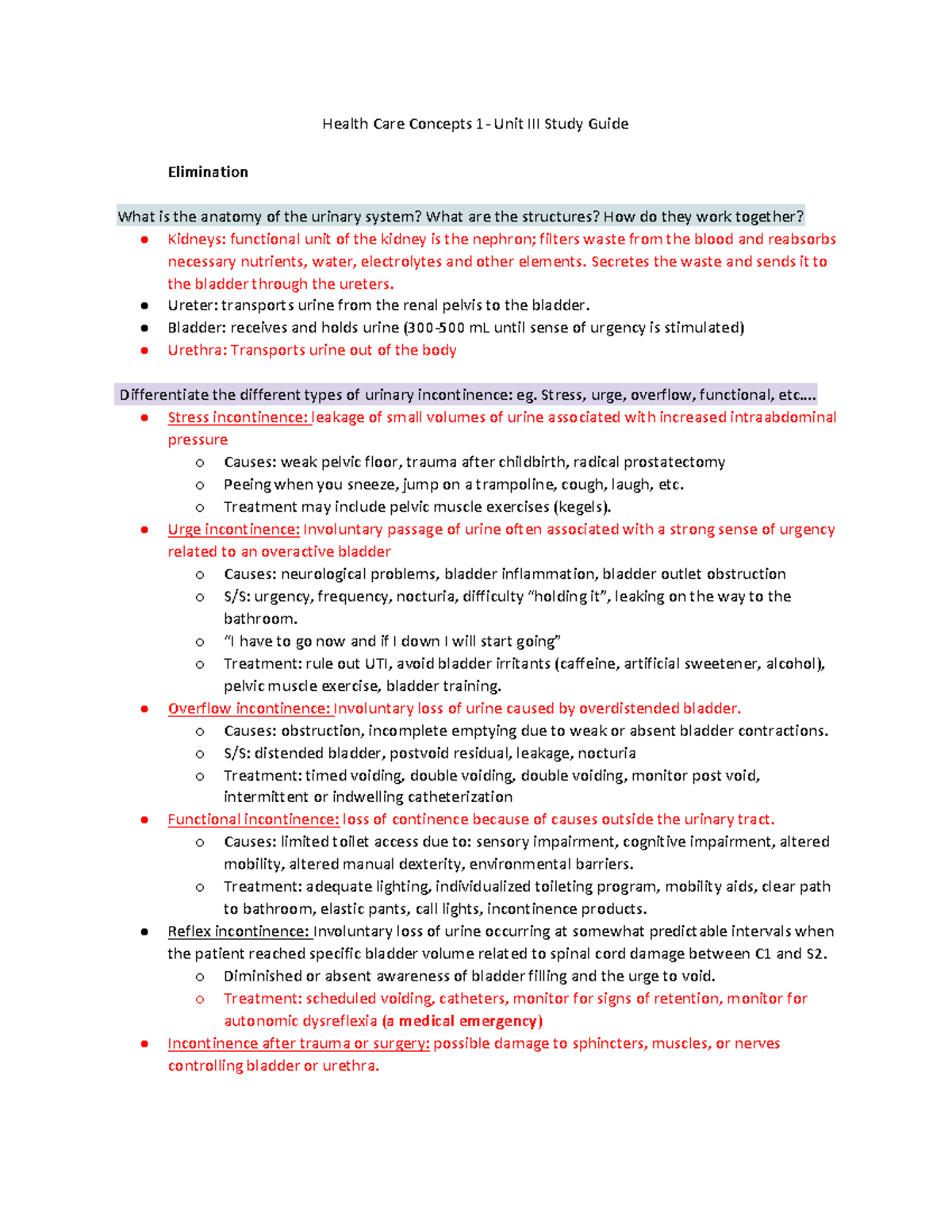 Health Care Concepts Unit III: Study Guide on Elimination & COPD - Studocu