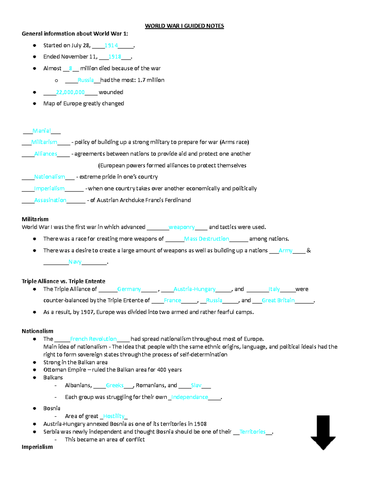 WWI Causes of WWI Guided Notes - WORLD WAR I GUIDED NOTES General ...