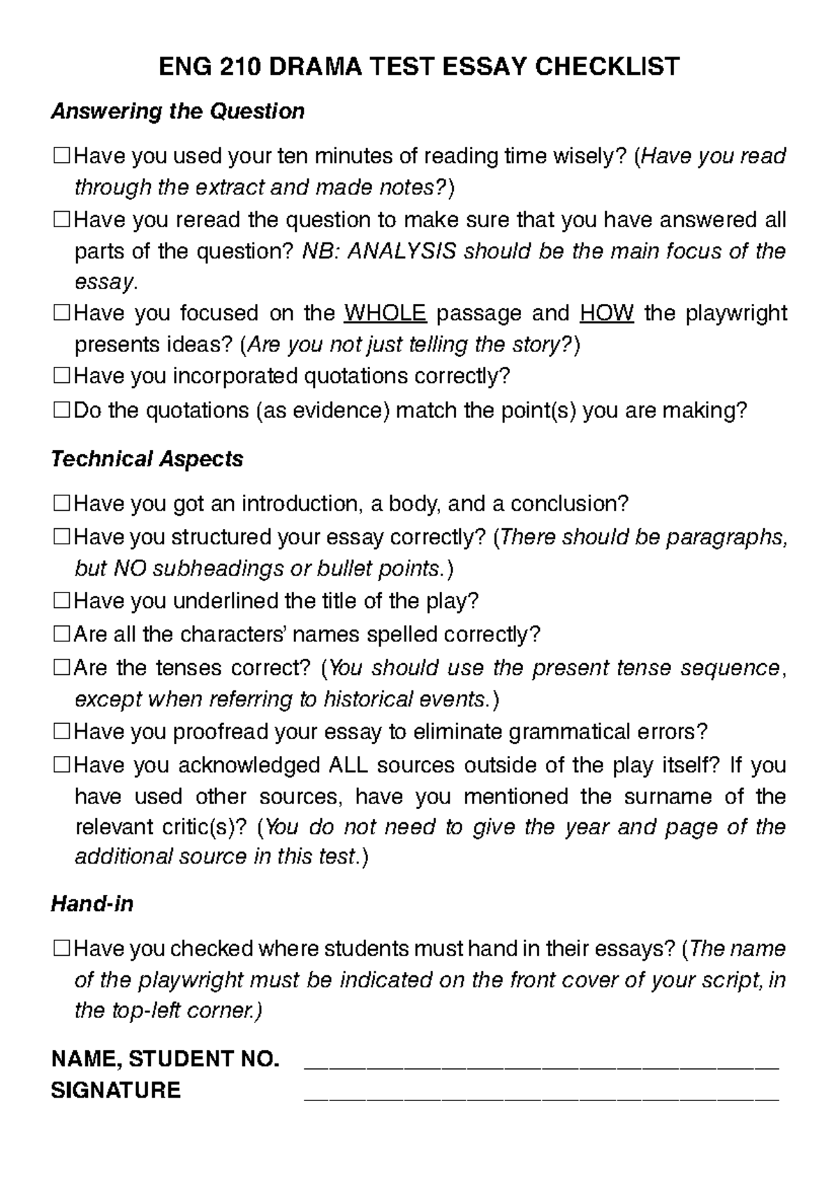 ENG 210 Drama Test Essay Checklist: Key Points for Success - Studocu