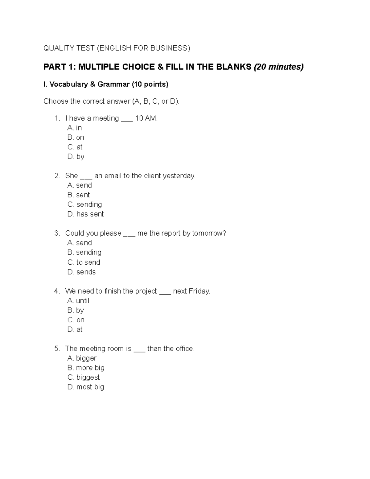 Quality TEST ( English FOR Business) - QUALITY TEST (ENGLISH FOR ...