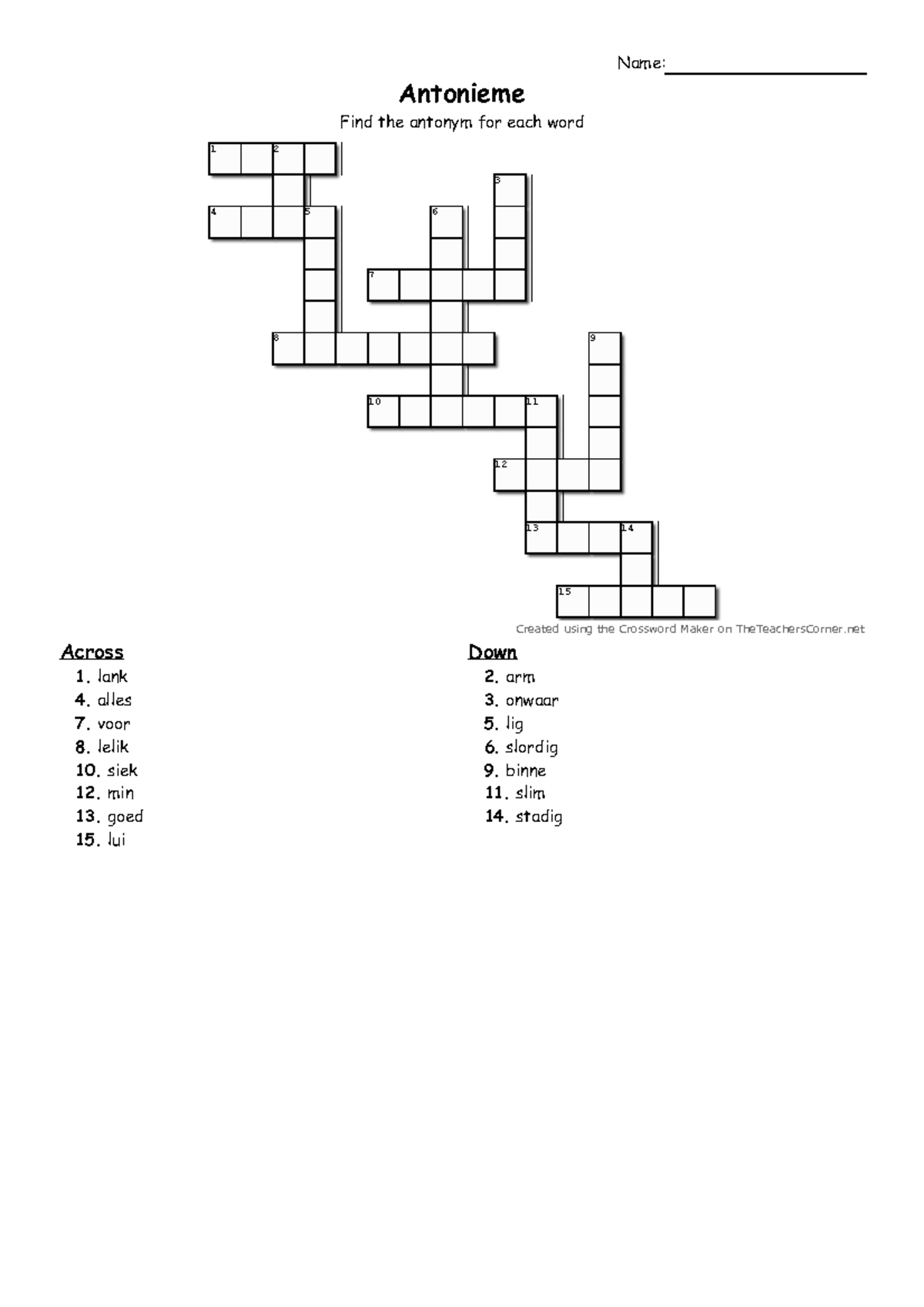 Antonieme Crossword - Antonieme Find the antonym for each word Name: 1 ...