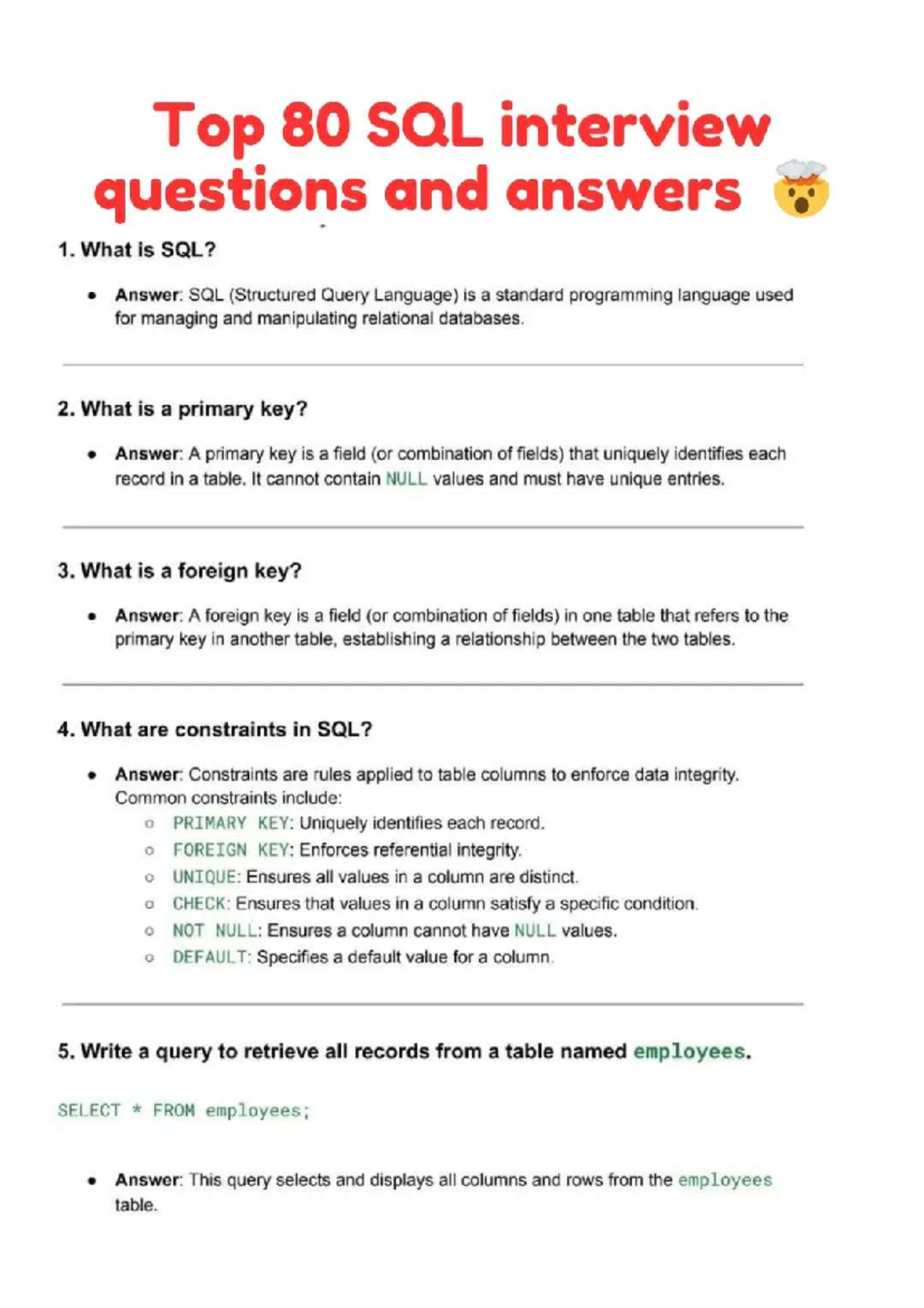 SQL Interview Questions & Answers: Top 80 Essential Queries - Studocu