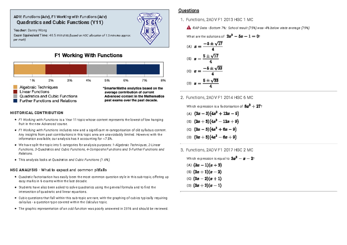 SM Y11 Quadratics & Cubic Functions Exam Prep (2ADV F1) - Studocu