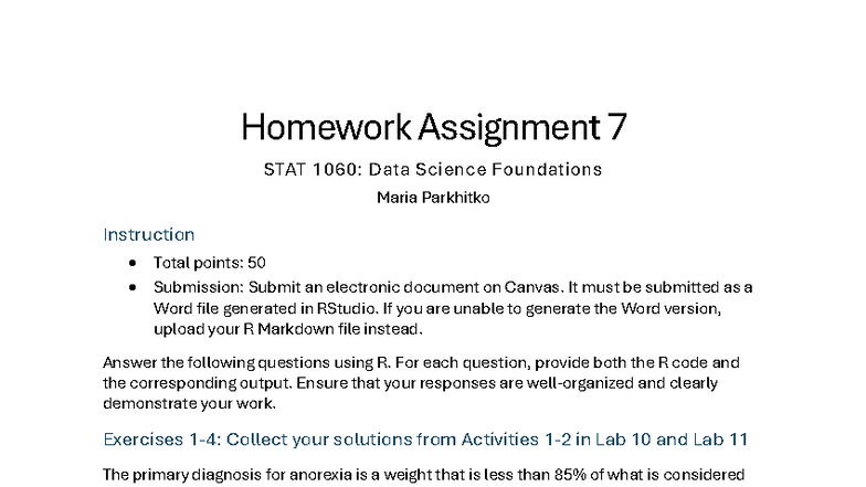 Homework Assignment 7: STAT 1060 Data Science Foundations - Studocu
