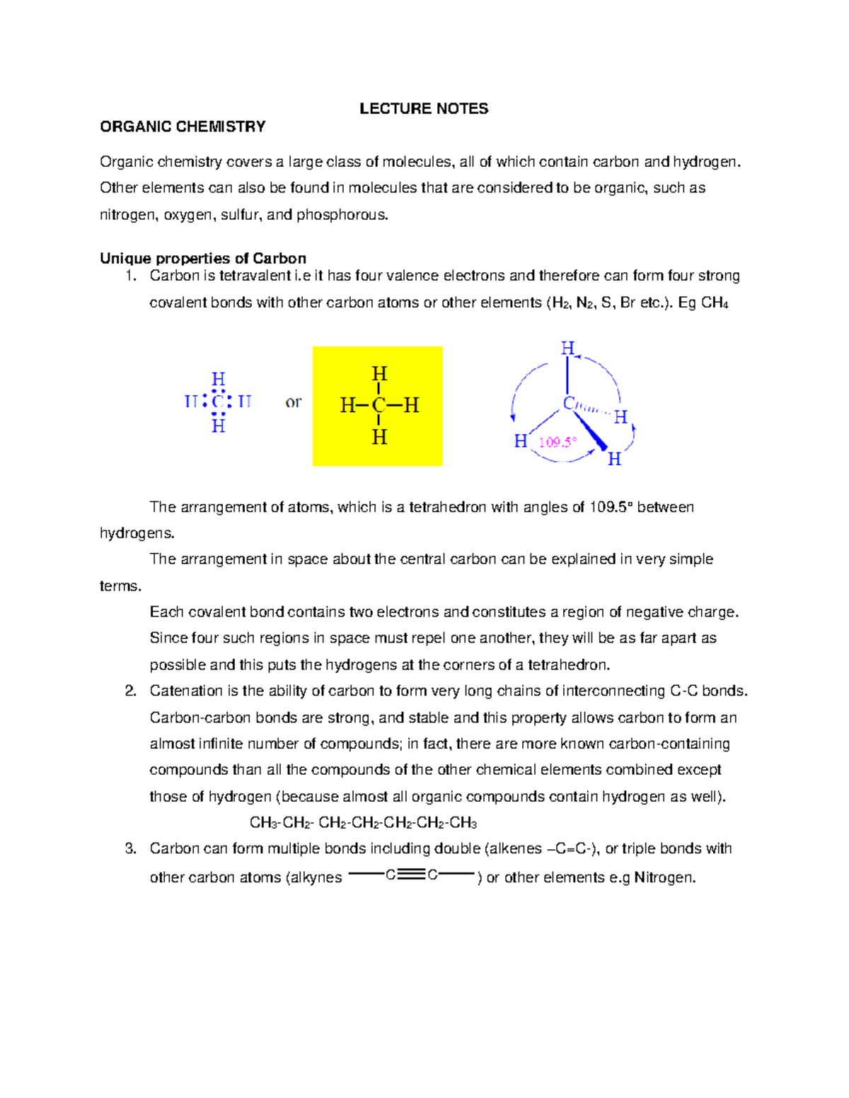 Organic Chemistry Lecture Notes: Key Concepts and Hydrocarbon ...