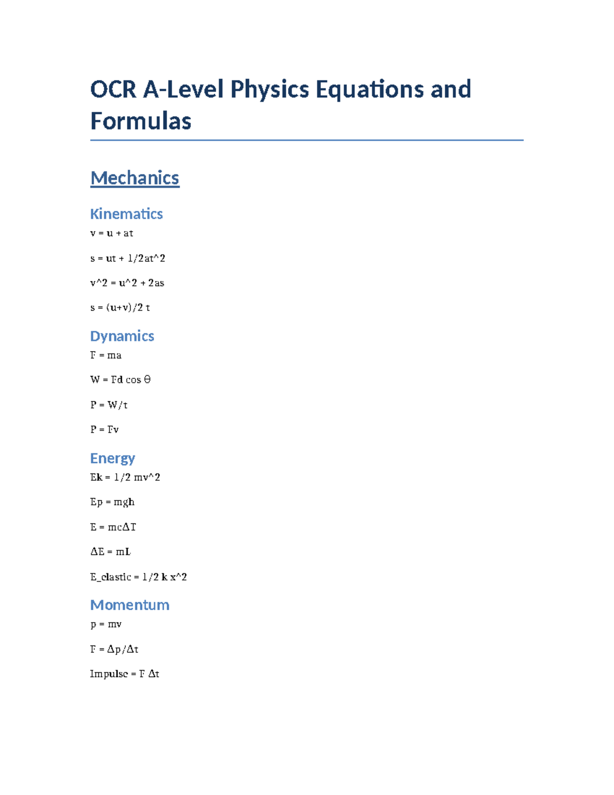 A Level Physics OCR Equations and Formulas - Comprehensive Guide - Studocu