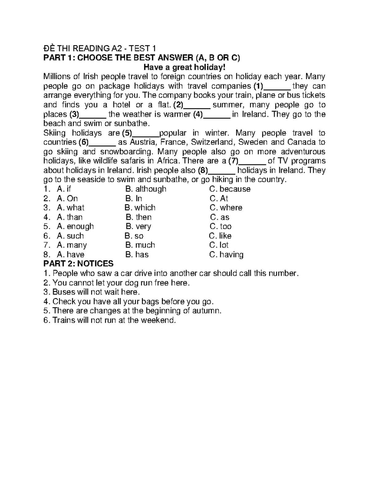 A2 Reading Test 1: Complete Exam Preparation and Practice - Studocu