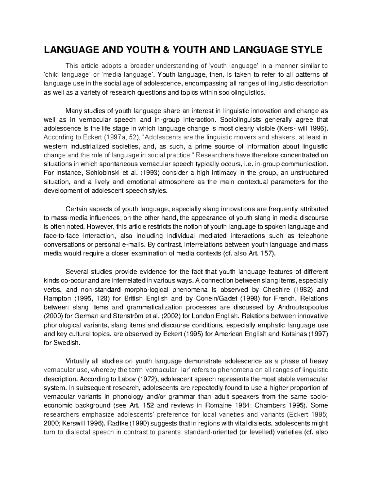 Youth Language and Sociolinguistics: Patterns and Innovations - Studocu