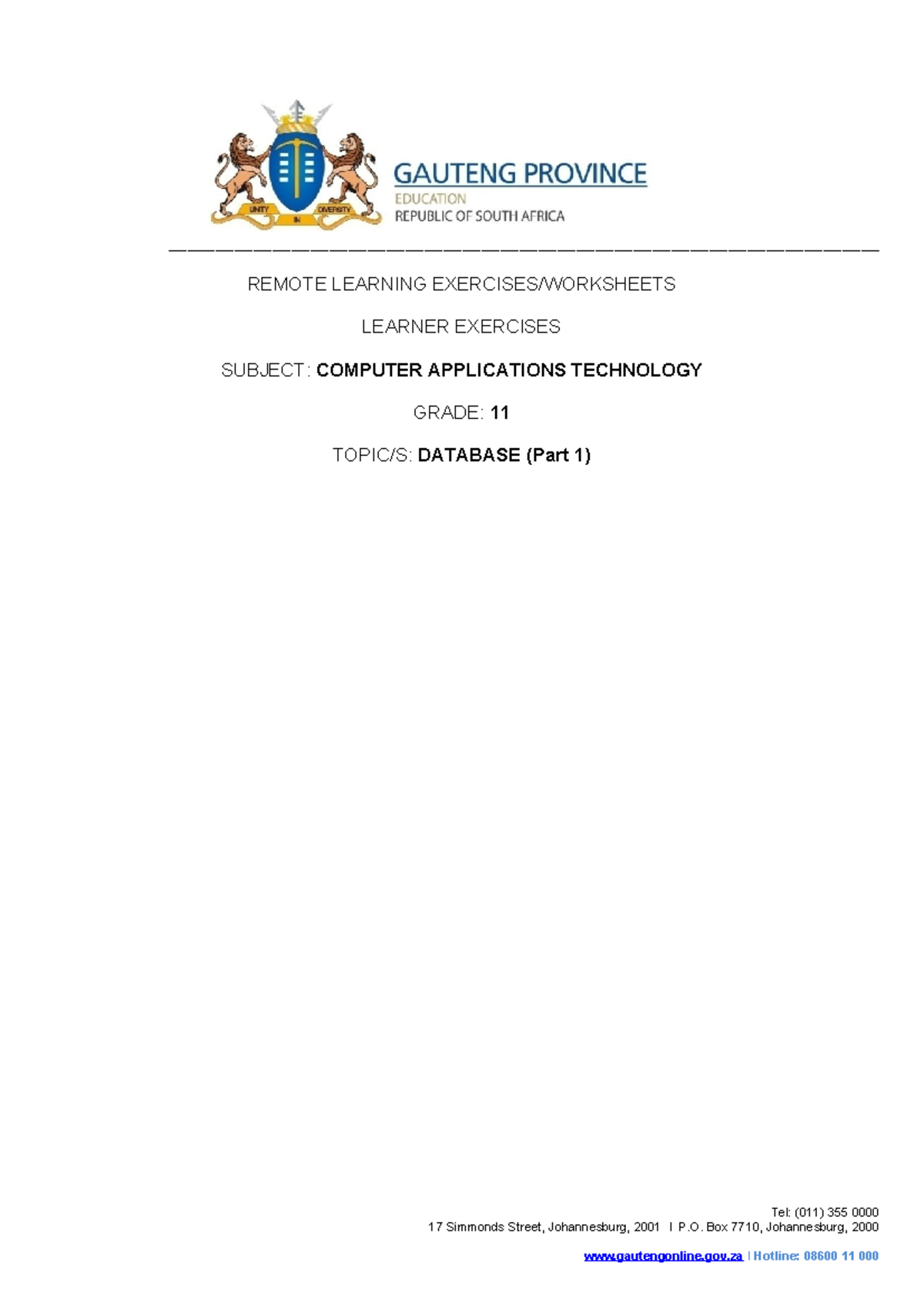 CAT Grade 11 Term 2 Database Part 1 LG - - Studocu