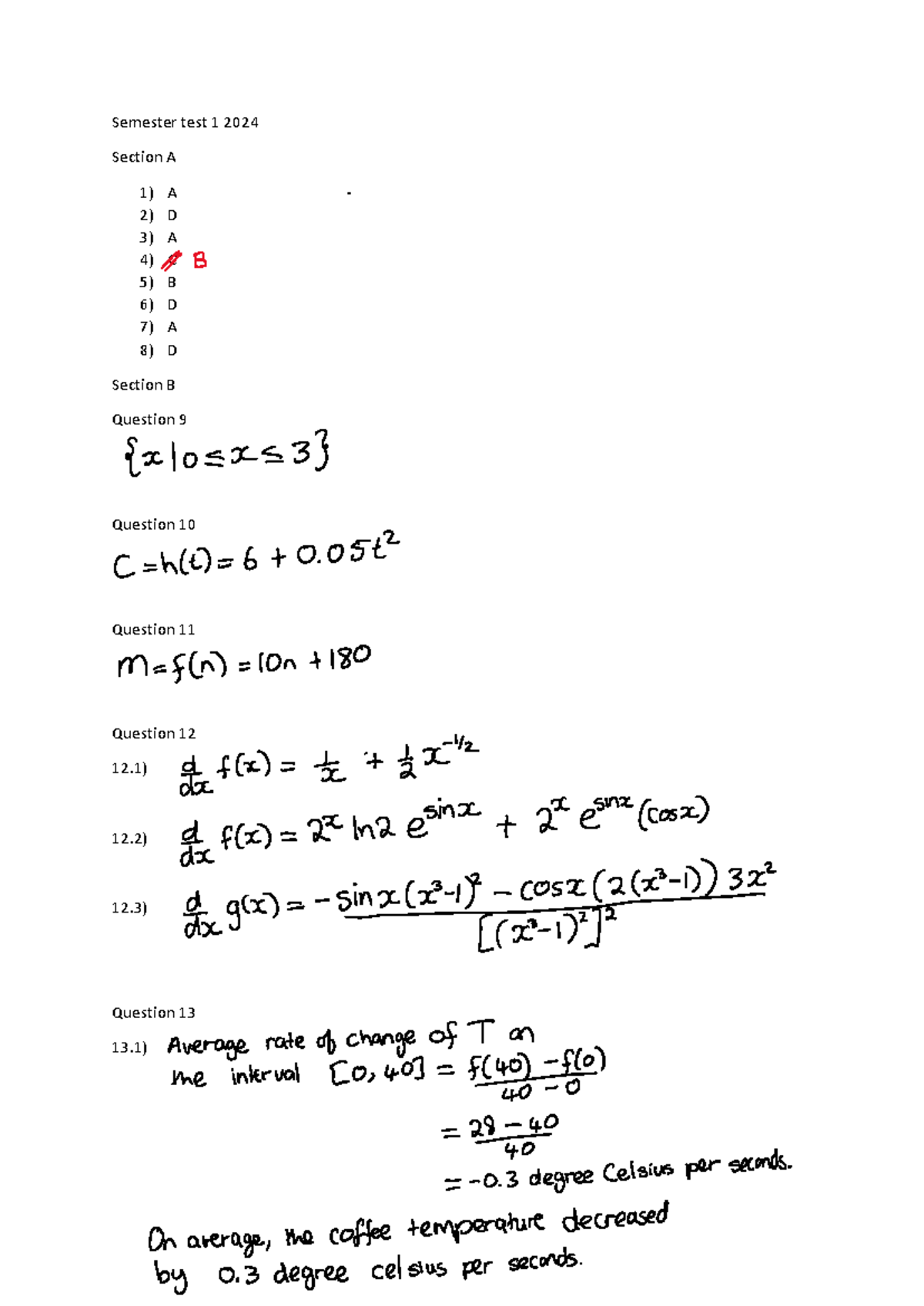 Semester test 1 2024 memo - WTW 134 - Semester test 1 2024 Section A 1 ...