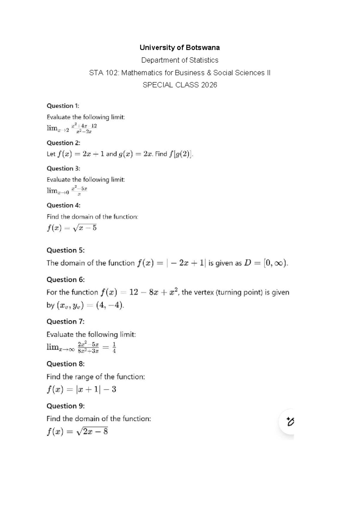STA 102 Practice Questions - Introduction To Statistics - University of ...