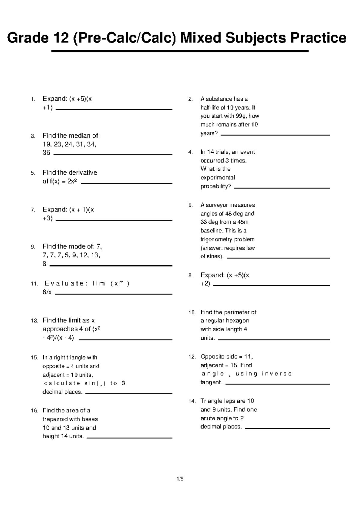 Grade 12 (Calc) Mixed Subjects Practice 4 - Studocu