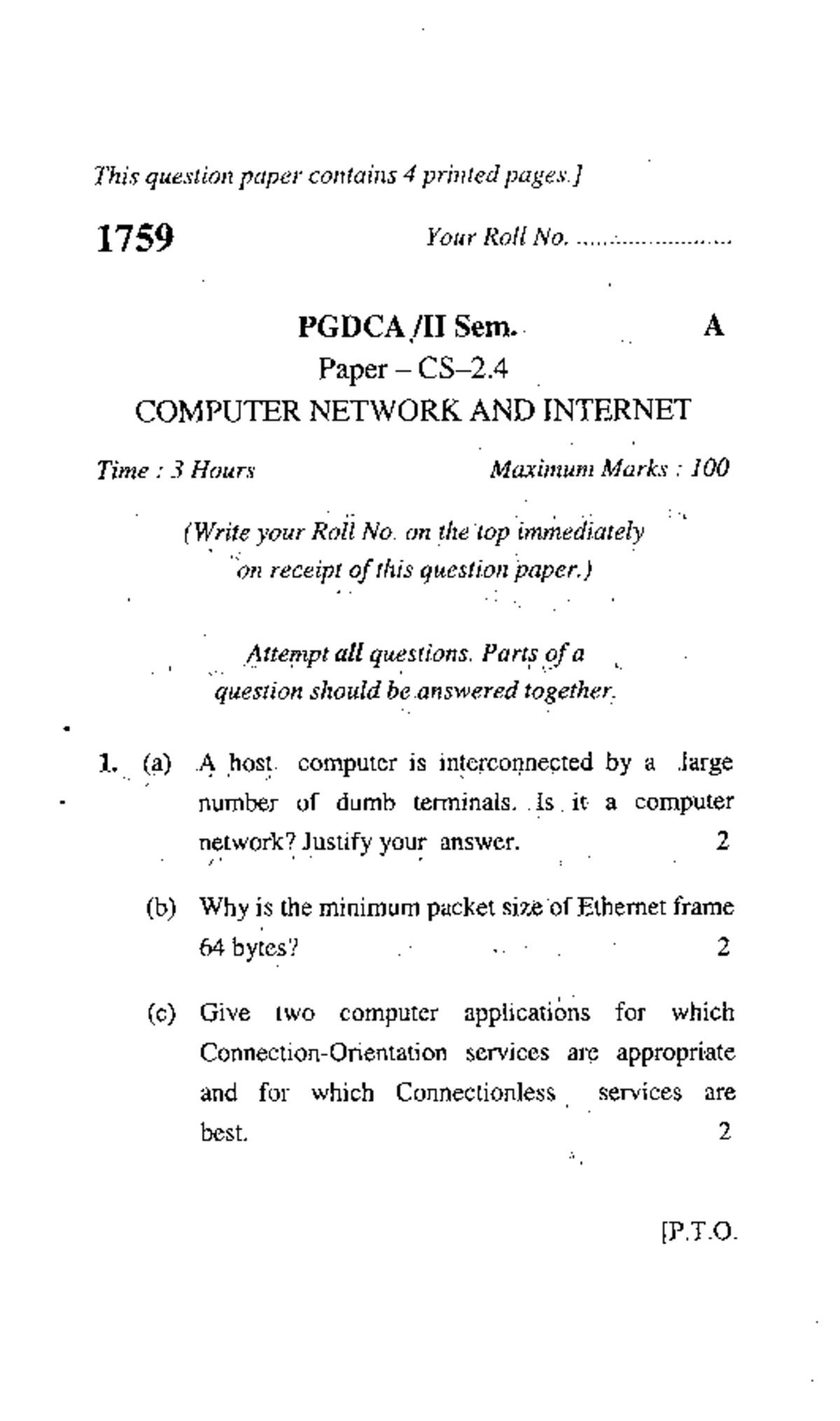 Computer network and internet exam paper PGDCA Sem. A 1759 - Studocu