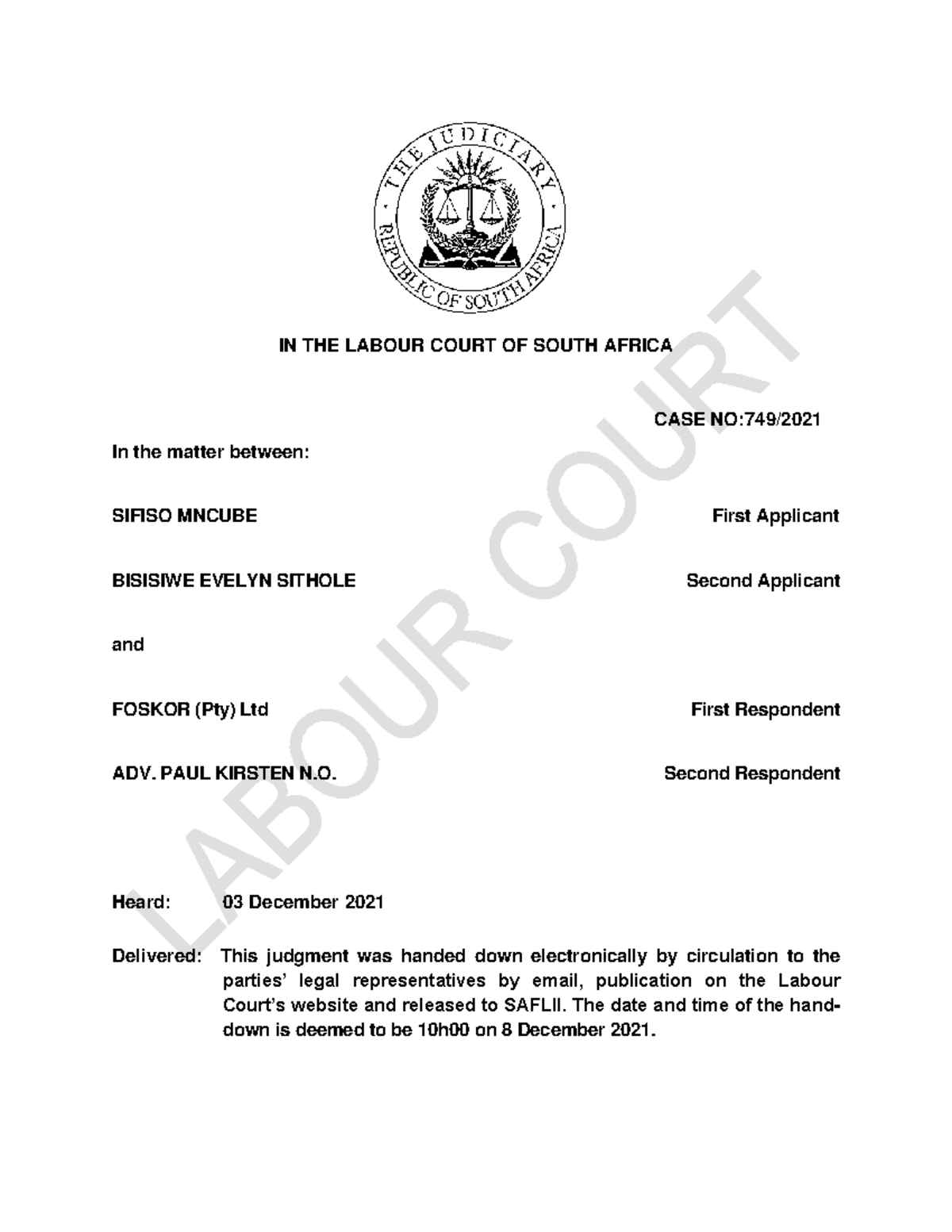 Labour Court Case: Mncube & Sithole vs. Foskor (Pty) Ltd - Recusal ...