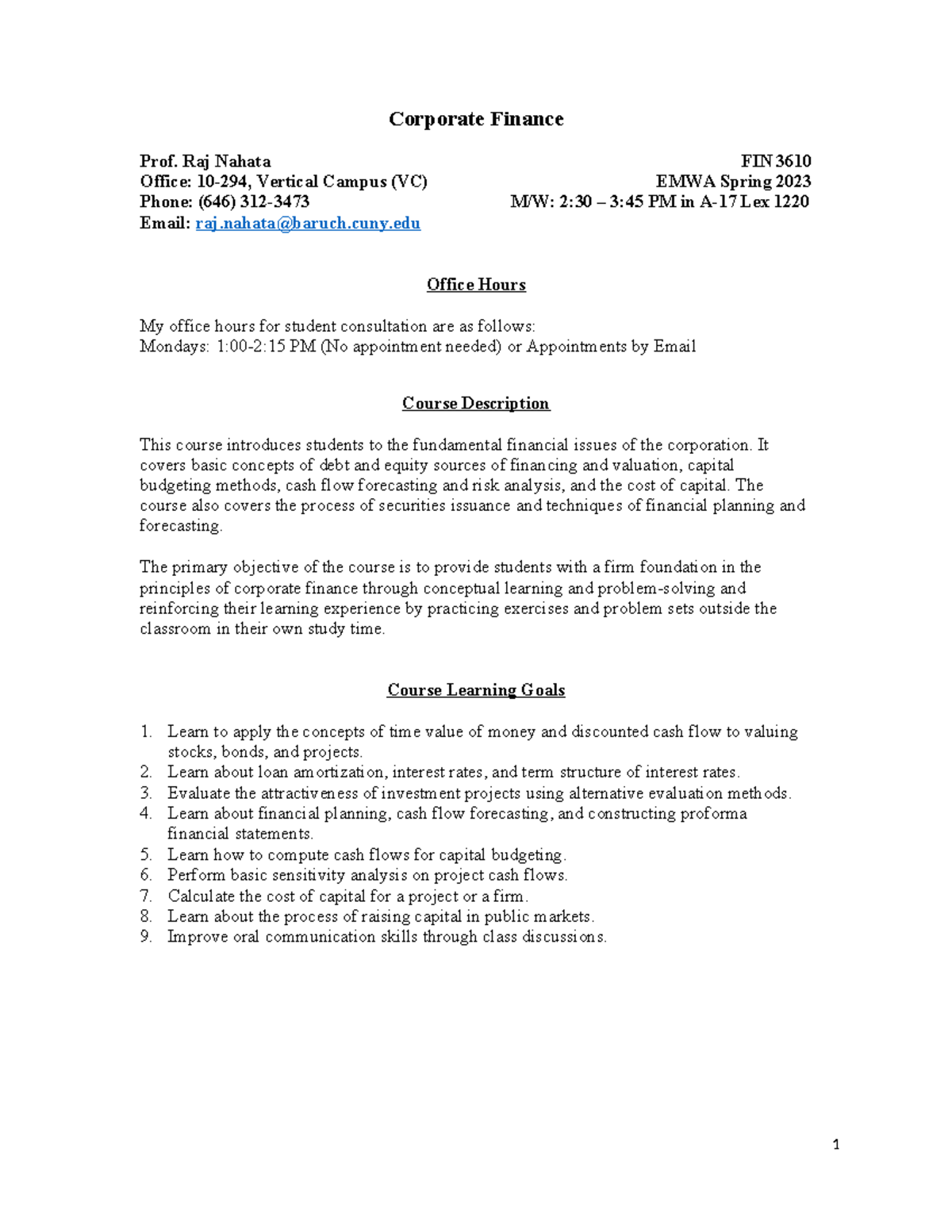FIN 3610 Corporate Finance Syllabus & Course Objectives Spring 2023 ...