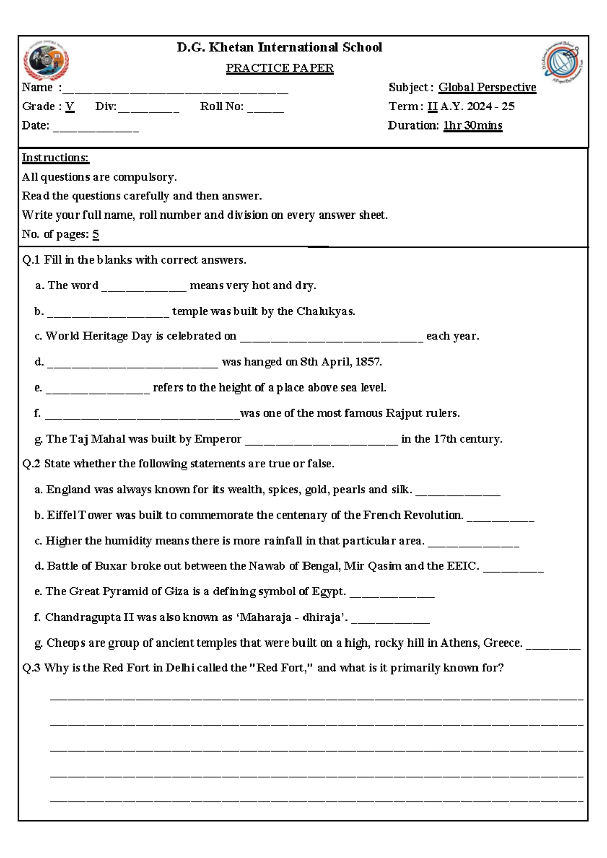 GP Practice Paper - Term II - Global Perspective - Grade V - Studocu