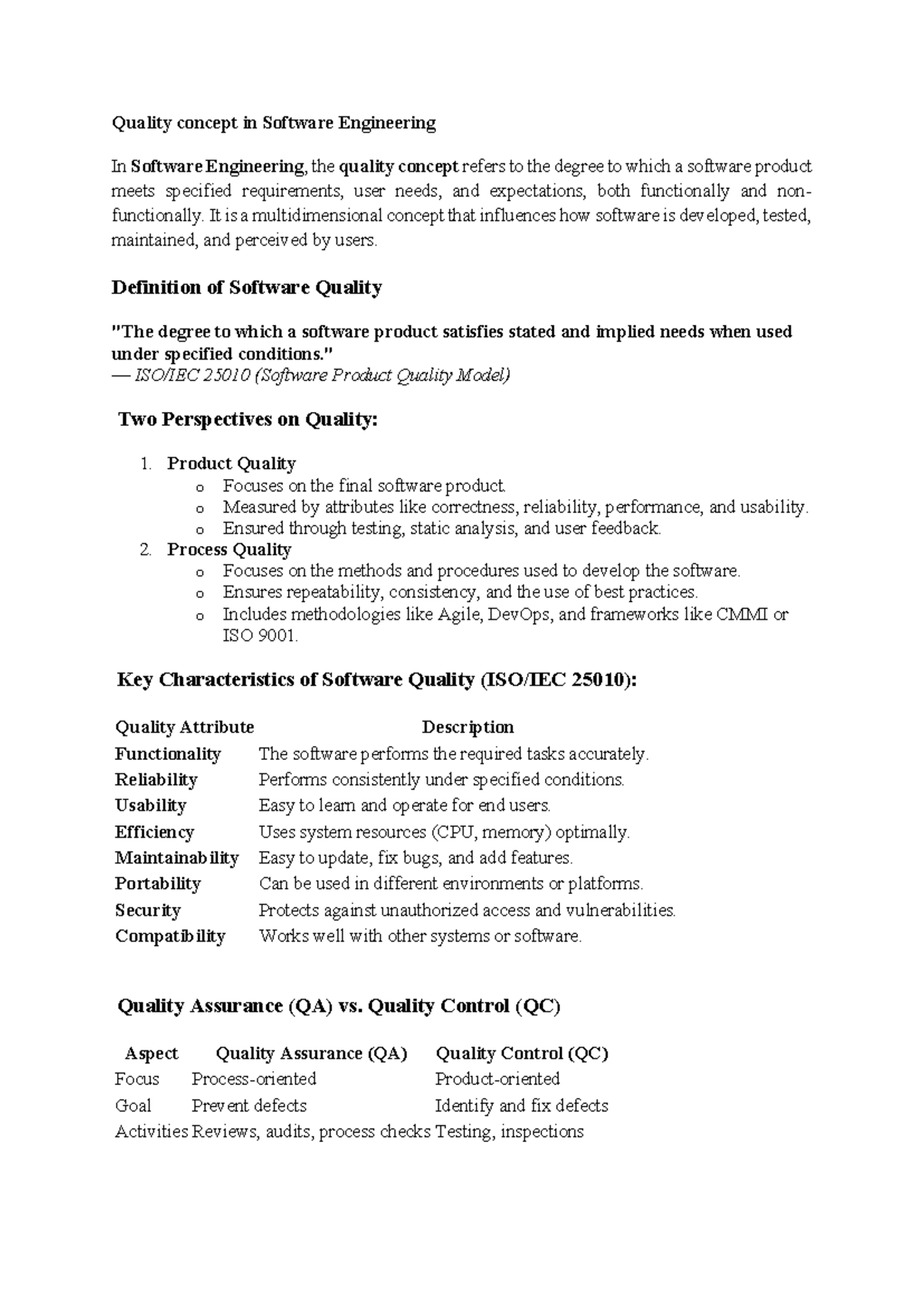 Quality Concepts in Software Engineering (Course Code: 25010) - Studocu