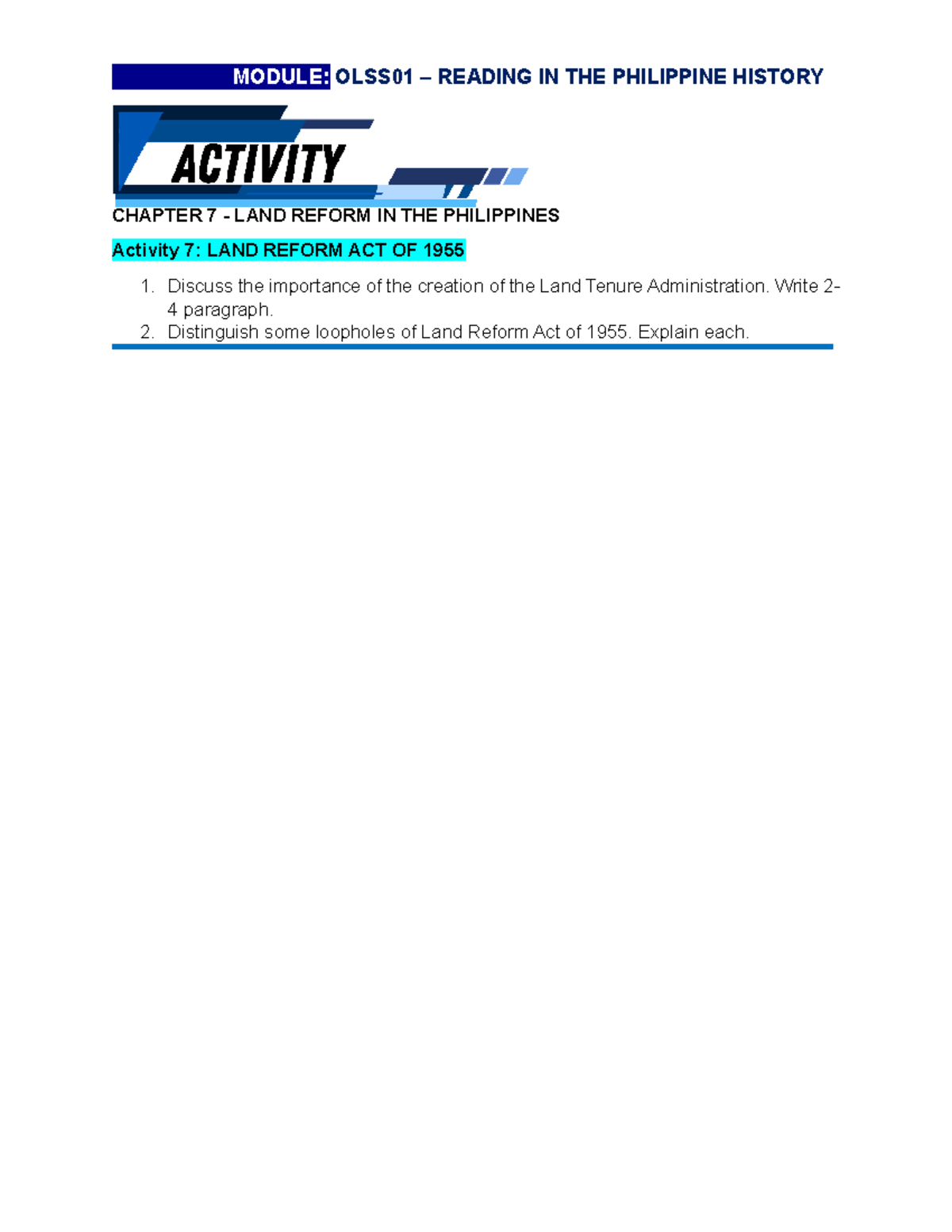 Activity 7 - ans - BS Information Technology - MODULE: OLSS01 – READING ...