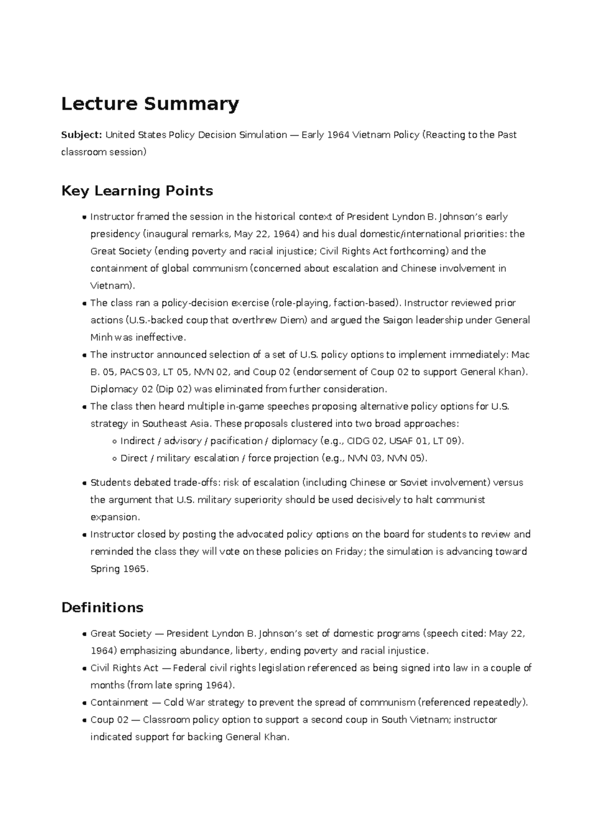 Lecture Summary: US Policy Decision Simulation - Vietnam 1964 - Studocu