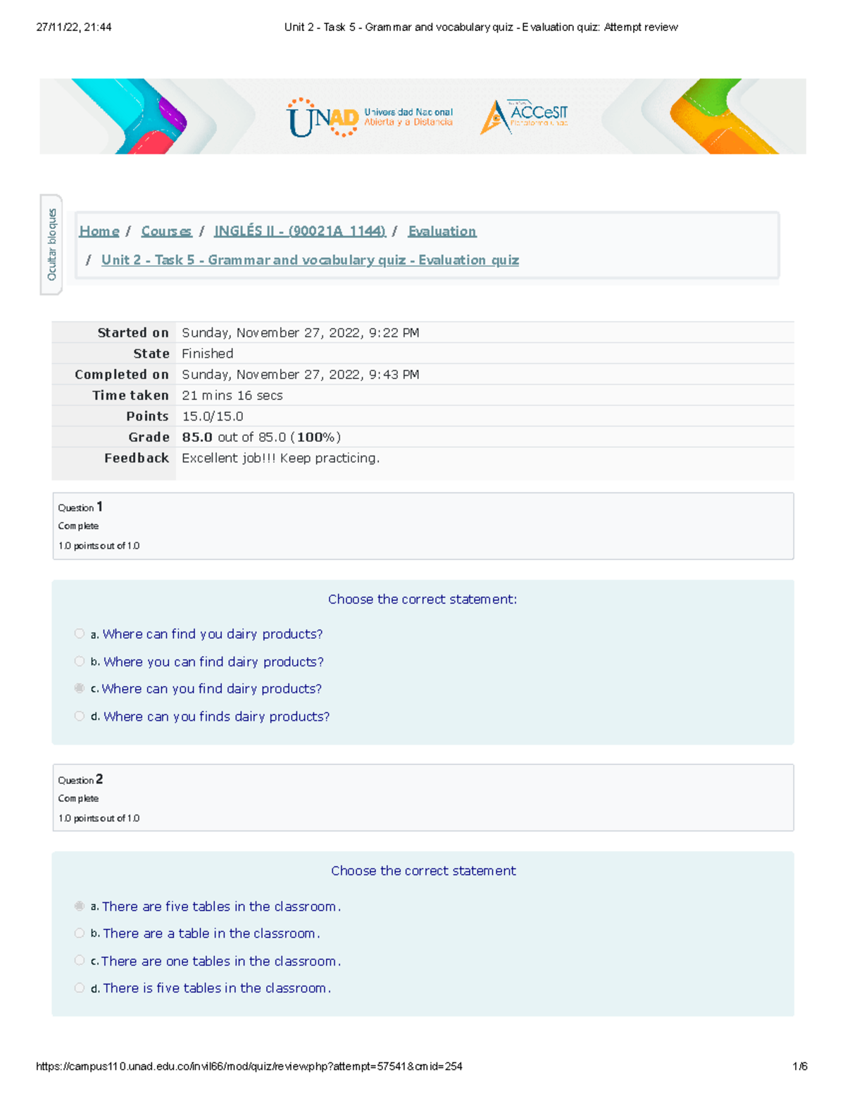 Unit 2 - Task 5 - Grammar & Vocabulary Quiz Evaluation Review - Studocu