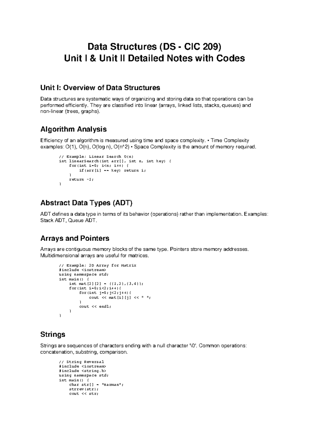 Data Structures (DS CIC 209) Detailed Notes: Units I & II - Studocu