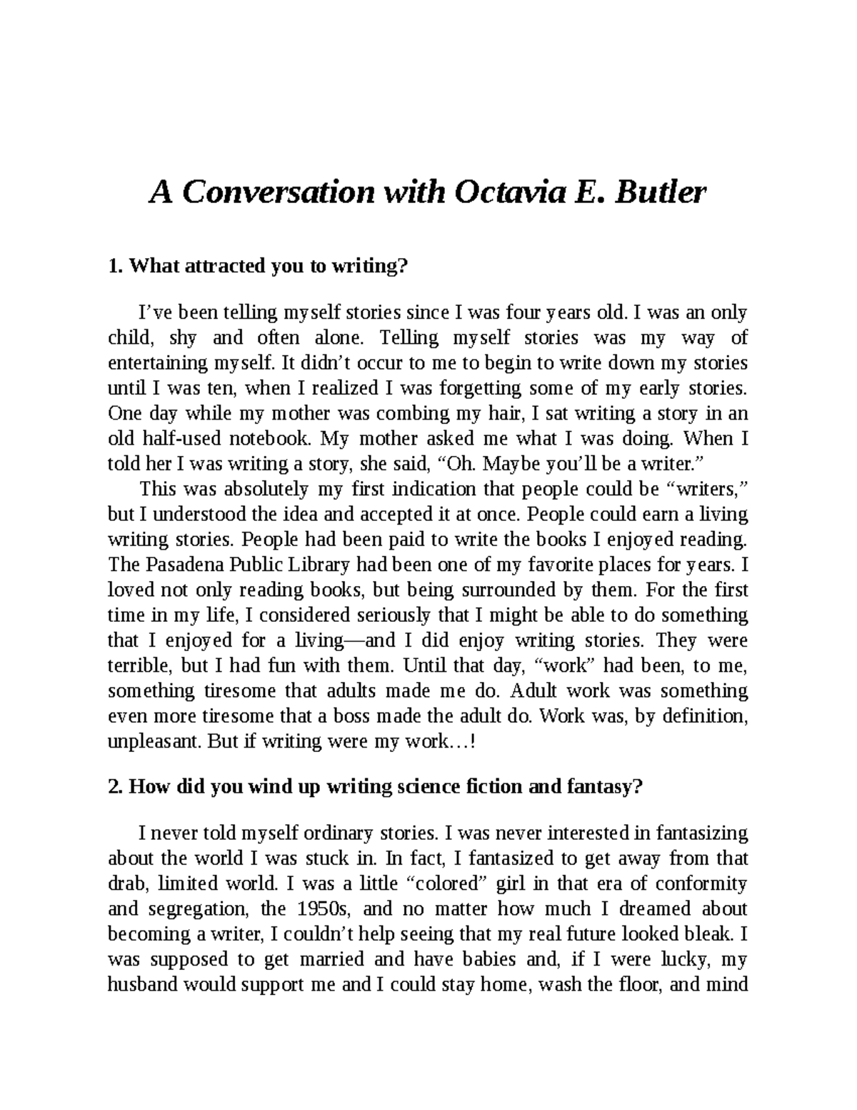 A Dialogue with Octavia Butler on Parable of the Sower Insights - Studocu