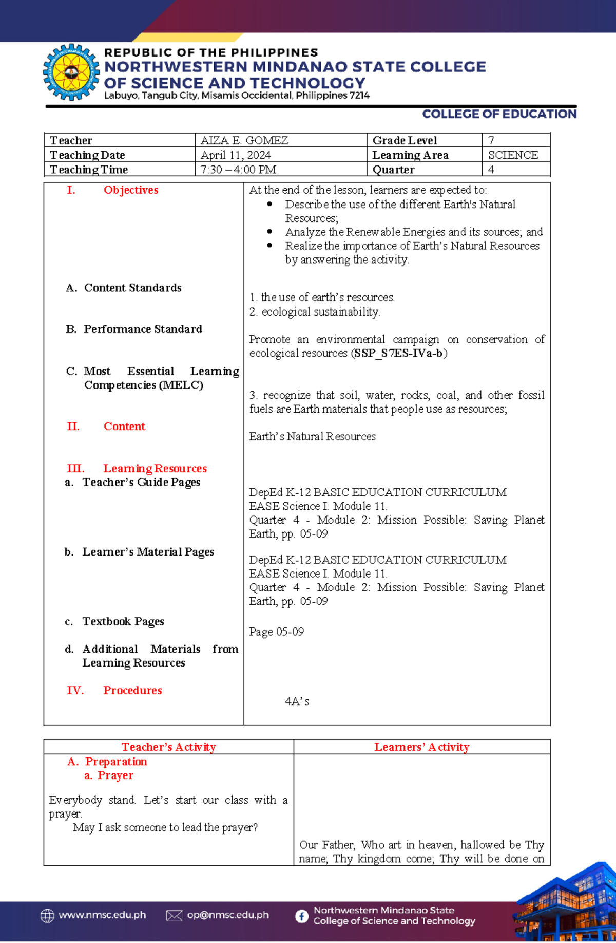 Natural Resources - lesson plan for g7. - Teacher AIZA E. GOMEZ Grade ...