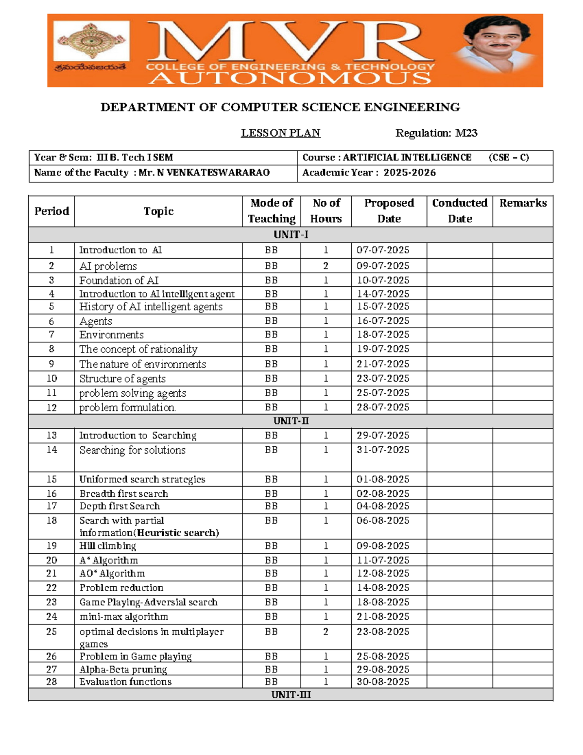 Artificial Intelligence Lesson Plan (CSE C&D) - B. Tech I Sem - Studocu