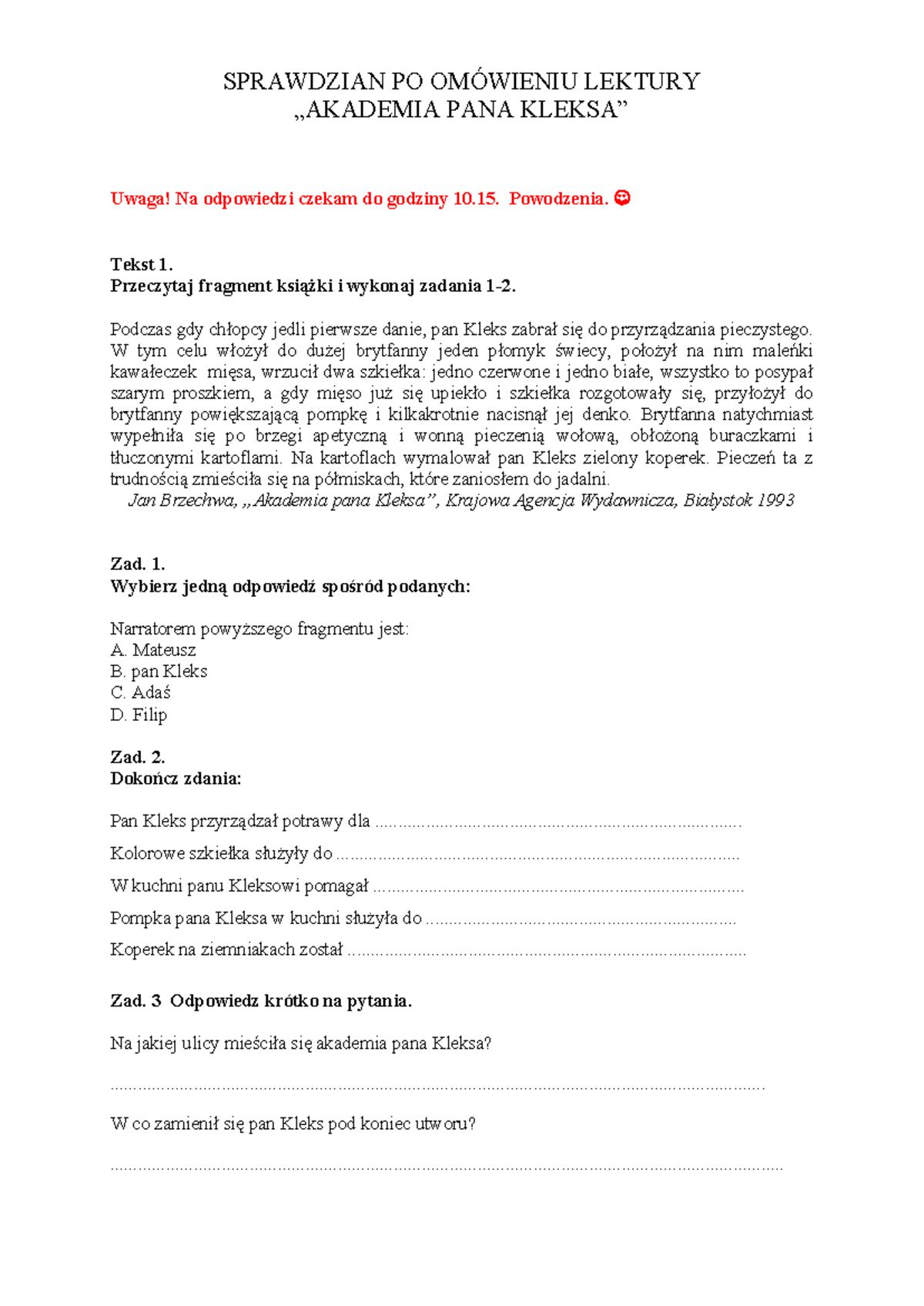 Sprawdzian Z Lektury Marcin Kozera www.studocu.com