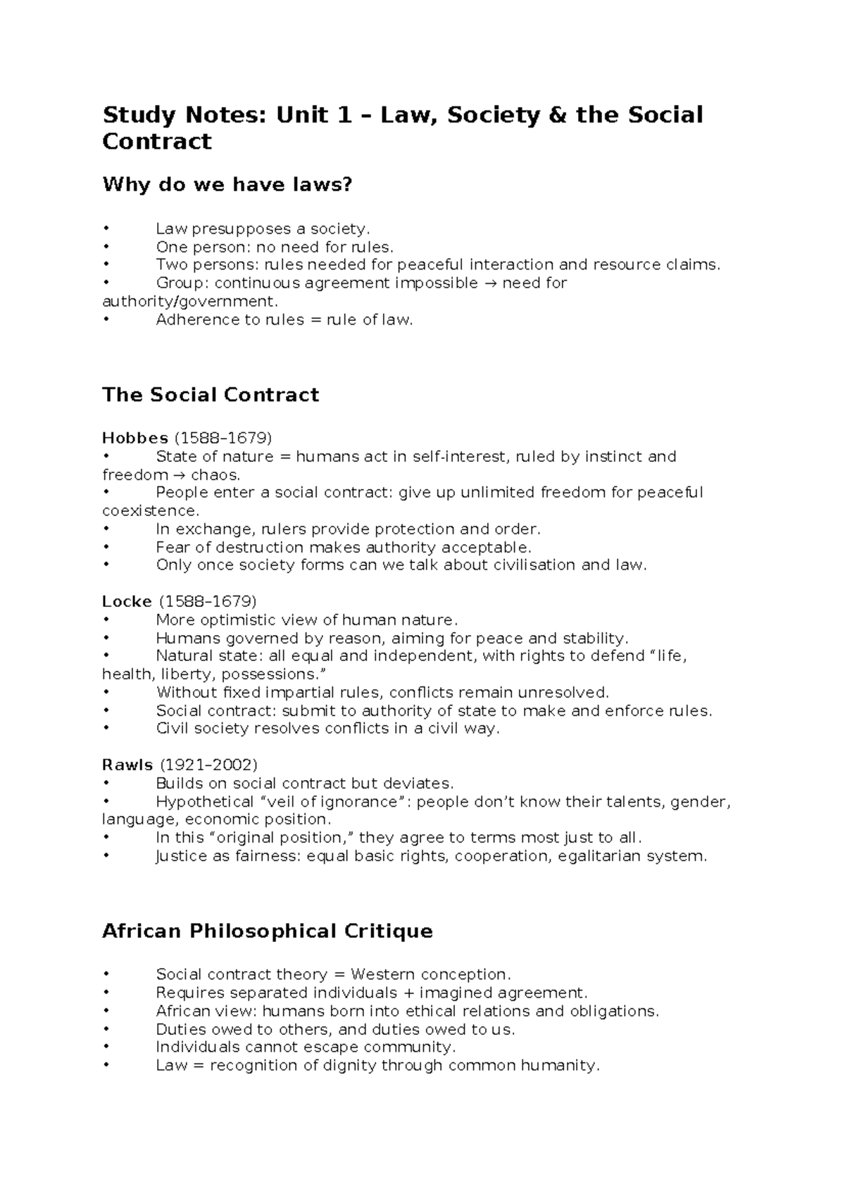 Study Notes: JUR 110 Unit 1 - Law, Society, and the Social Contract ...